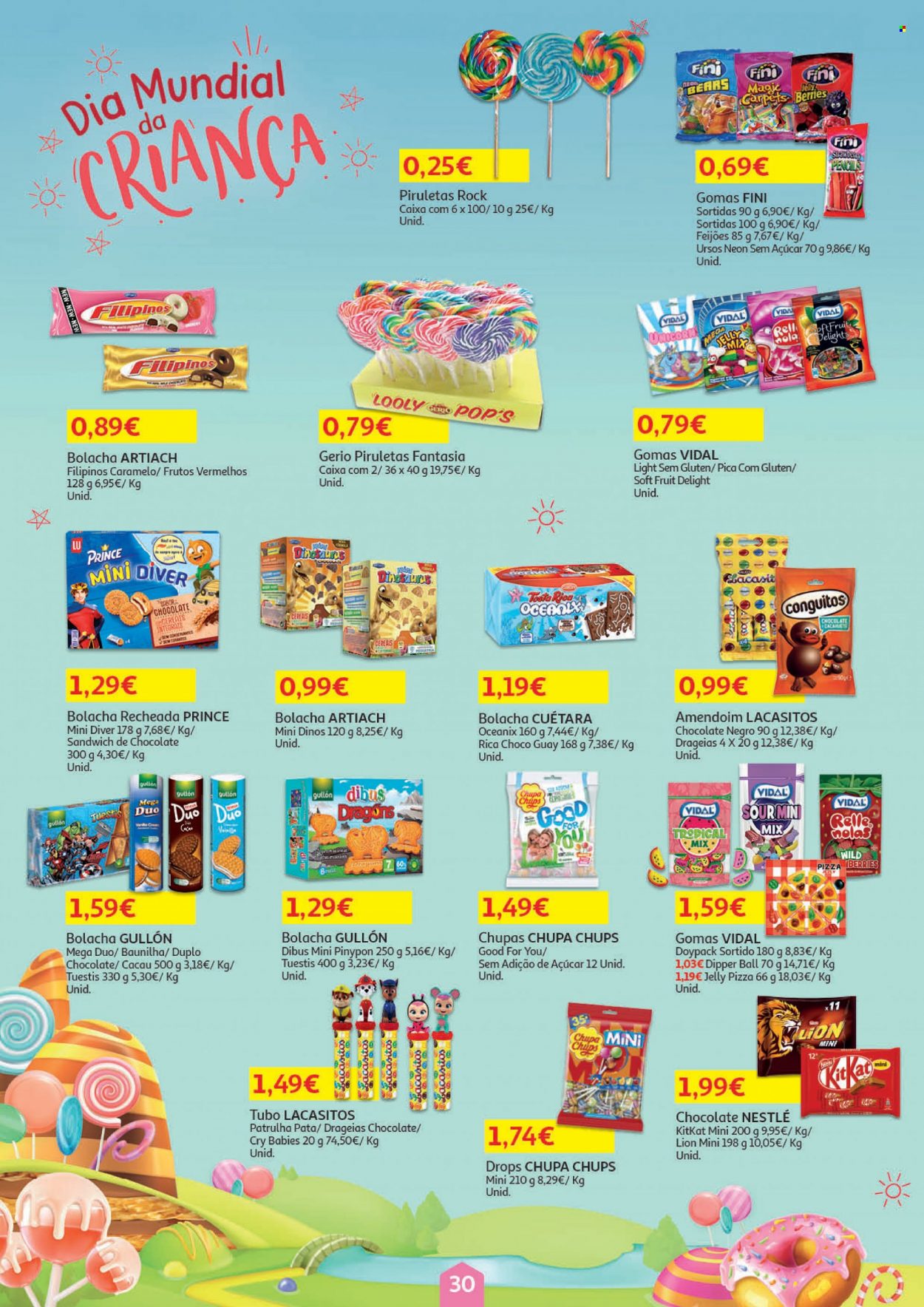 thumbnail - Folheto Auchan - 19.5.2022 - 1.6.2022 - Produtos em promoção - feijão, pizza, Fini, Nestlé, bolachas, Chupa Chups, cereais, amendoim, Cry Babies. Página 30.