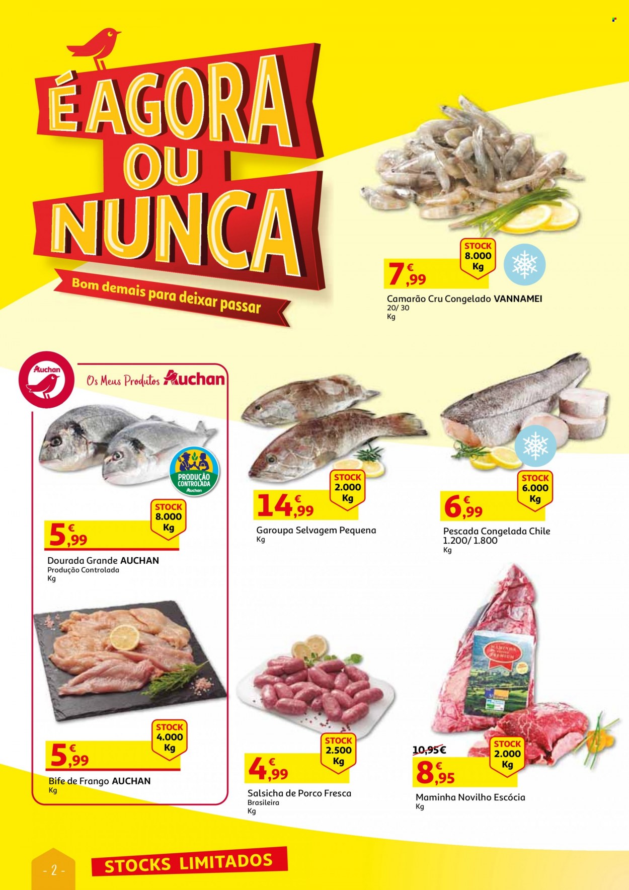 thumbnail - Folheto Auchan - 19.5.2022 - 1.6.2022 - Produtos em promoção - bife, bife de frango, alcatra, garoupa, camarão, peixe dourada, salsicha. Página 2.