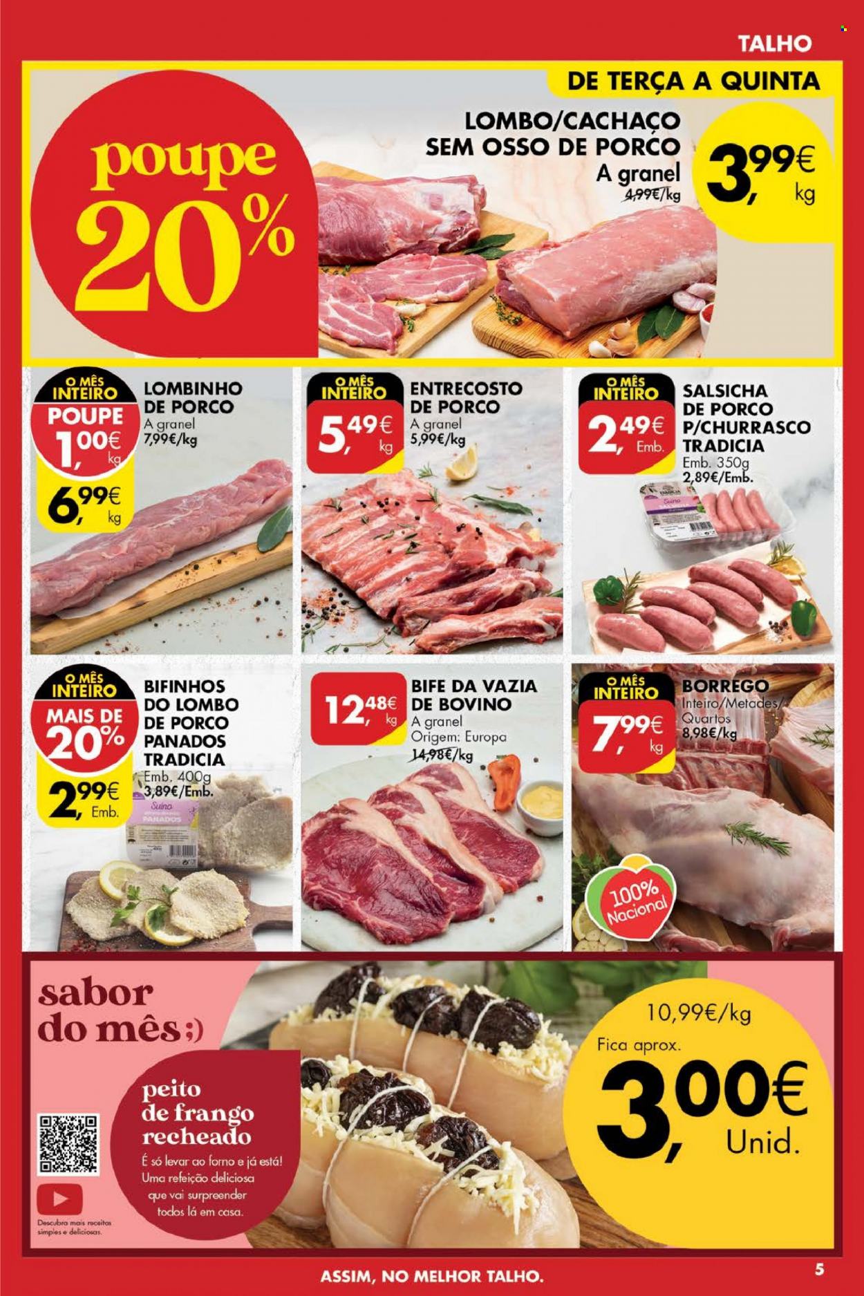 thumbnail - Folheto Pingo Doce - 24.5.2022 - 30.5.2022 - Produtos em promoção - bife, lombo, lombo de porco, peito de frango, vazia de bovino, salsicha. Página 5.