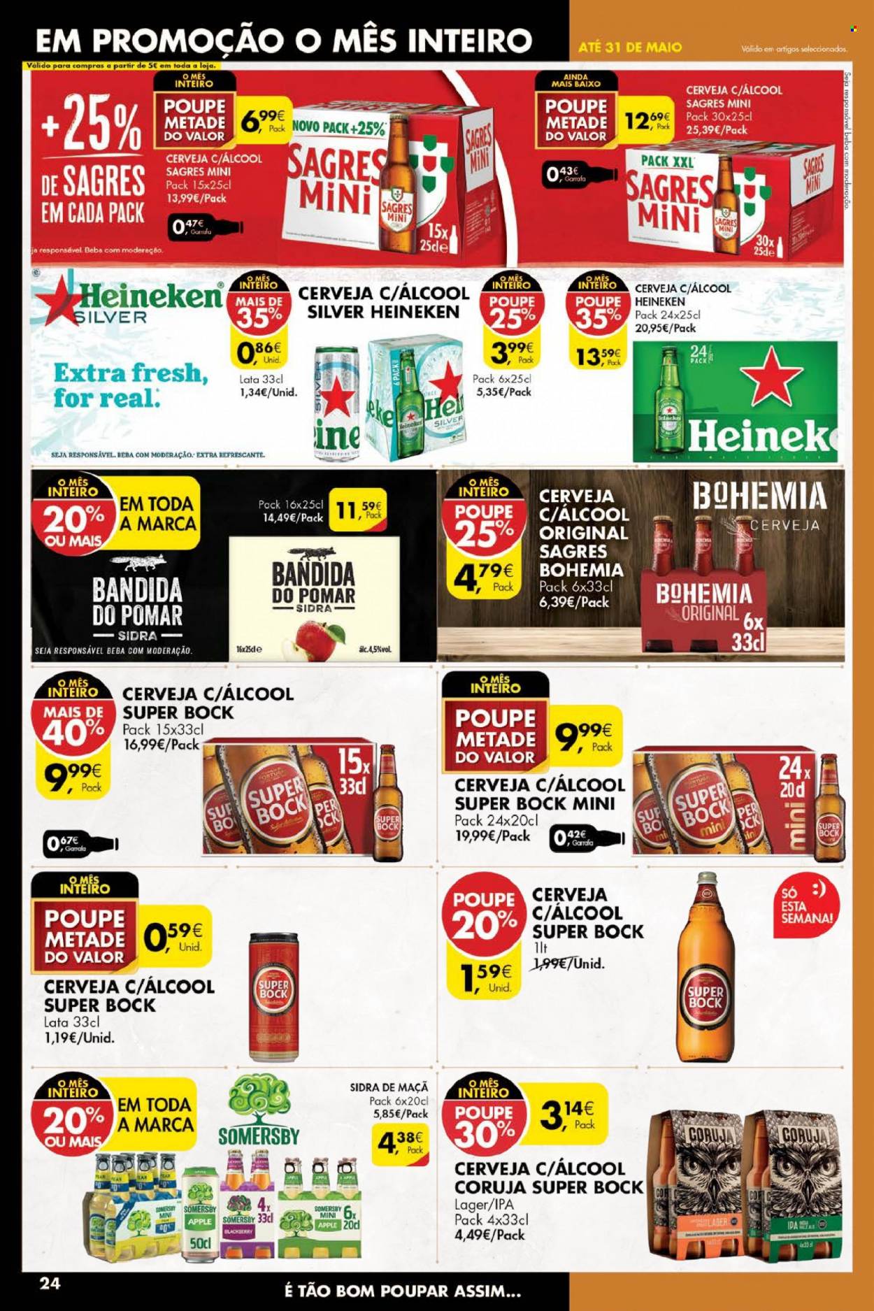 thumbnail - Folheto Pingo Doce - 24.5.2022 - 30.5.2022 - Produtos em promoção - Heineken, Sagres, Super Bock, cerveja, Somersby, sidra. Página 24.