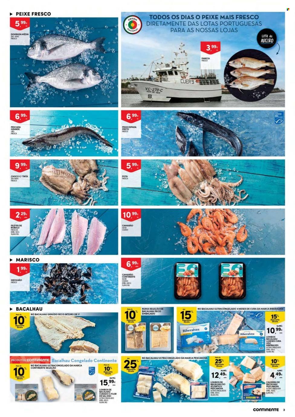 thumbnail - Folheto Continente - 24.5.2022 - 30.5.2022 - Produtos em promoção - camarão, bacalhau, peixe espada, marisco, robalo, mexilhão, peixe dourada. Página 3.