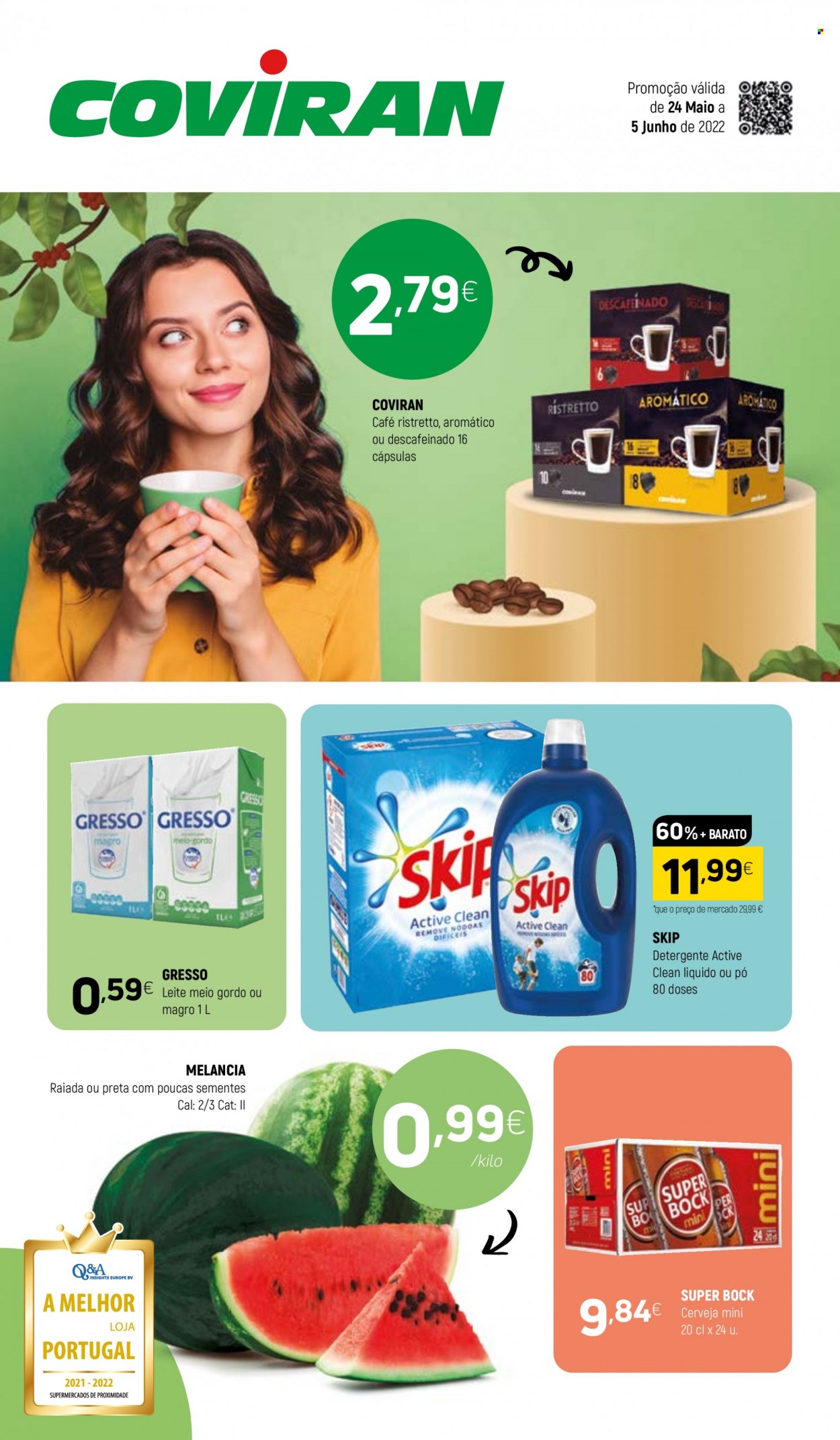 thumbnail - Folheto Coviran - 24.5.2022 - 5.6.2022 - Produtos em promoção - Super Bock, cerveja, melancia, leite, leite meio gordo, café, detergente, Skip. Página 1.