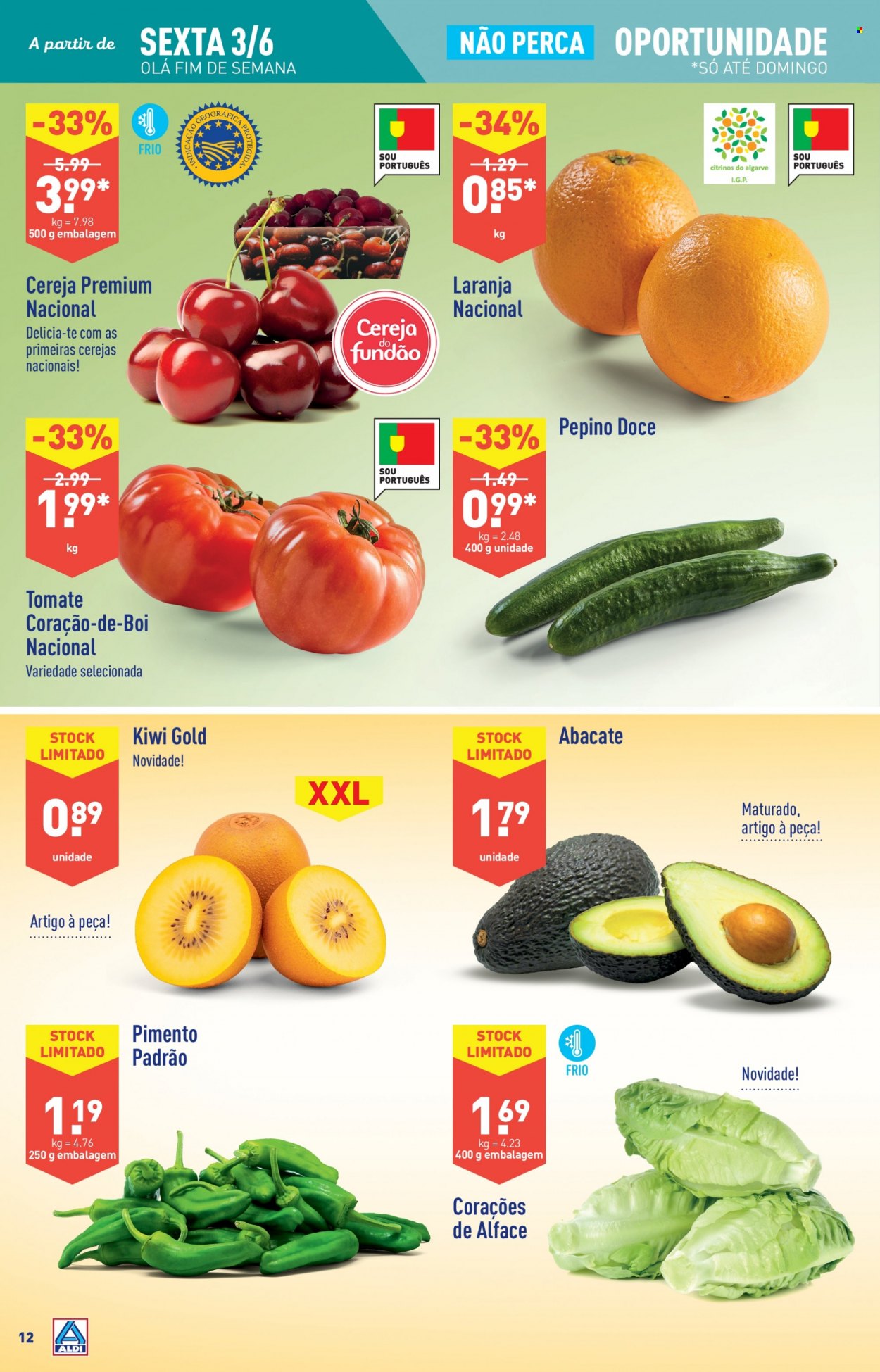 thumbnail - Folheto Aldi - 1.6.2022 - 7.6.2022 - Produtos em promoção - kiwi, laranja, abacate, cereja, pepino, pimento. Página 12.