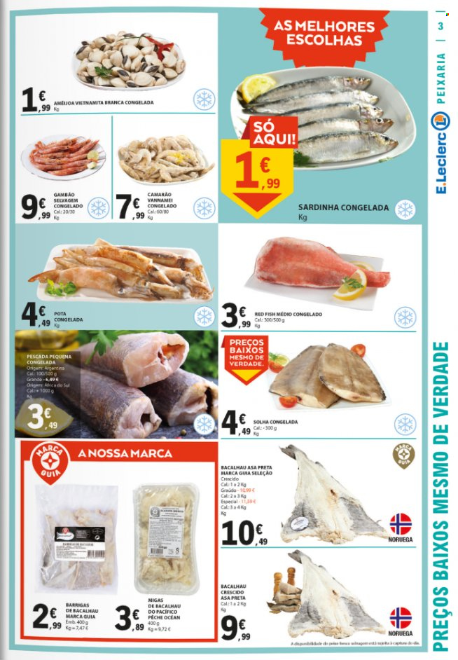 thumbnail - Folheto E.Leclerc - 26.5.2022 - 1.6.2022 - Produtos em promoção - camarão, bacalhau, gambão, solha, red fish, sardinhas. Página 3.