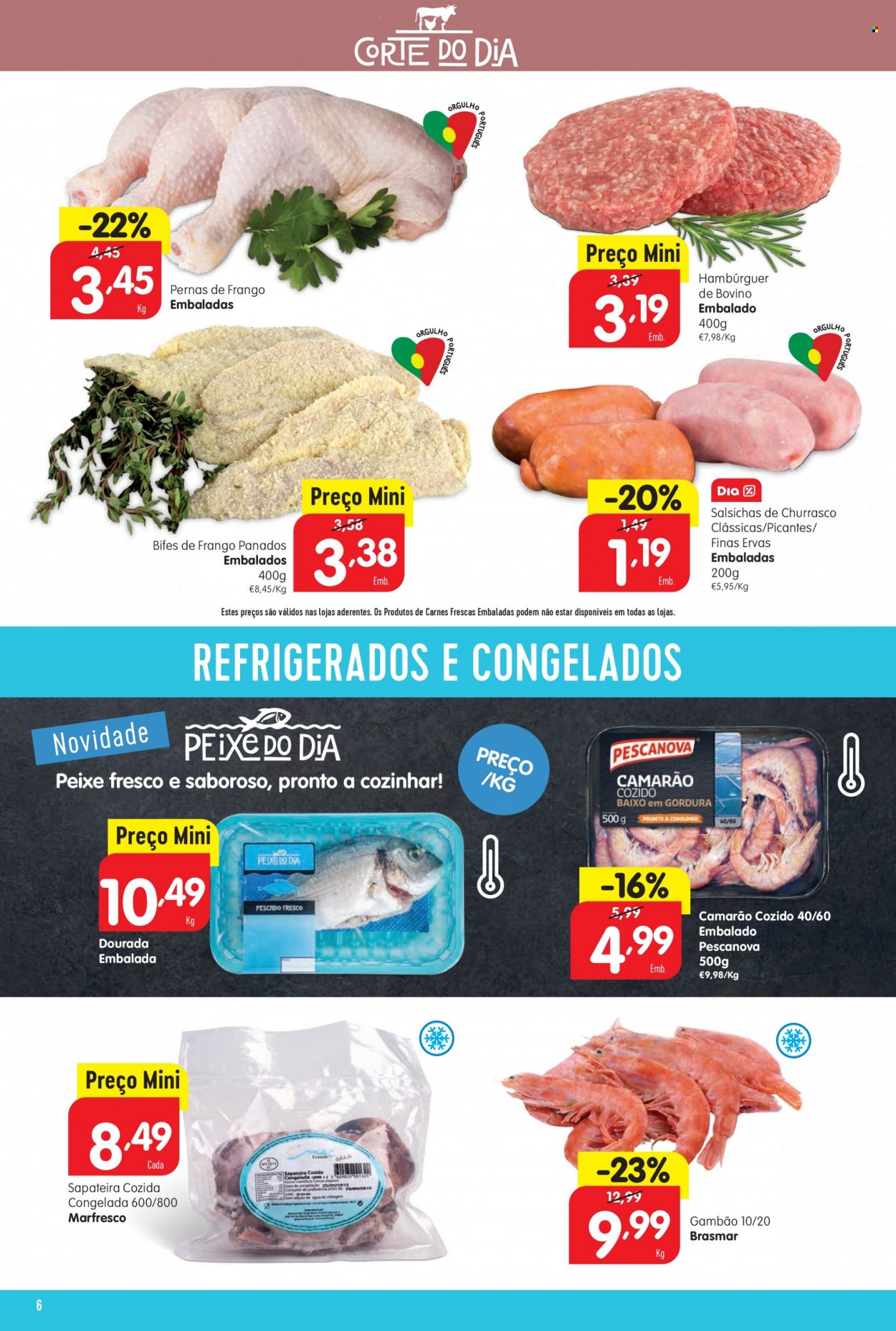 thumbnail - Folheto Minipreço - 26.5.2022 - 1.6.2022 - Produtos em promoção - bife, bife de frango, perna de frango, hamburger, camarão, peixe, gambão, salsicha. Página 6.
