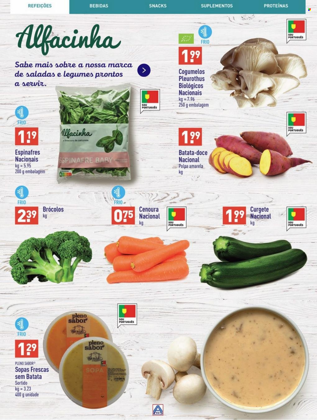 thumbnail - Folheto Aldi - Produtos em promoção - batata-doce, cenoura, espinafre, curgete, cogumelo, sopa. Página 10.