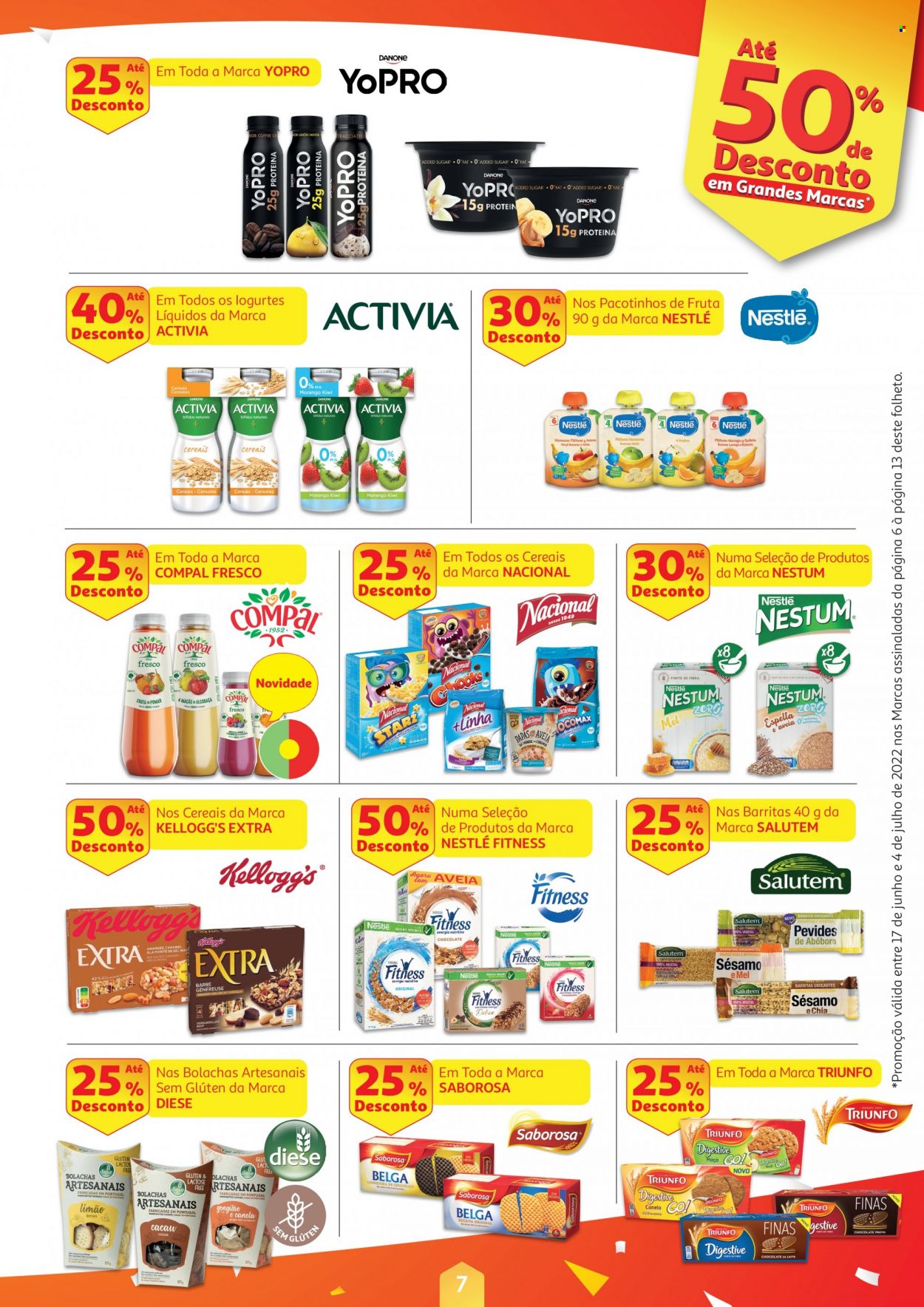 Folheto Auchan - 17.6.2022 - 4.7.2022 - Produtos em promoção - Activia, Yopro, Nestlé, bolachas, Kellogg's, Compal. Página 7.