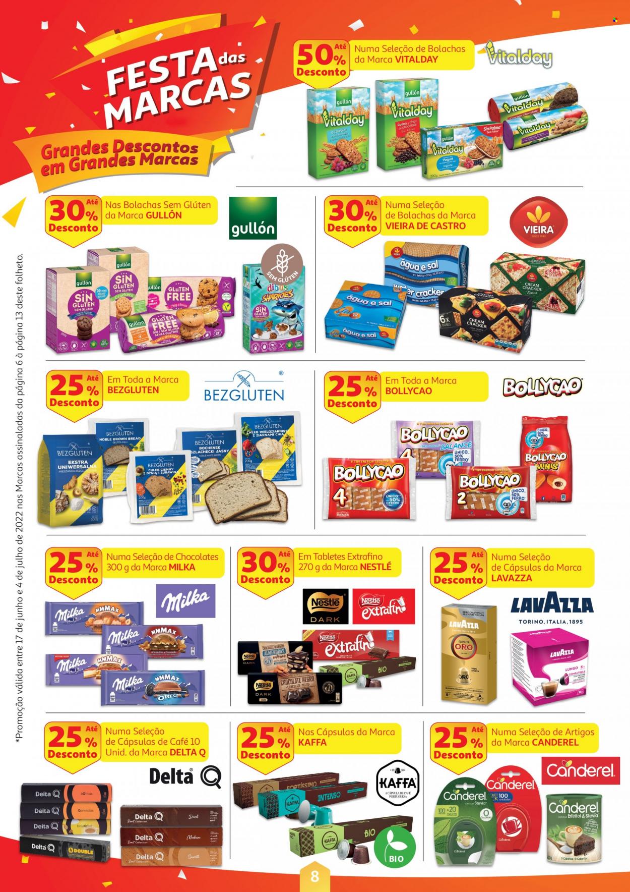 thumbnail - Folheto Auchan - 17.6.2022 - 4.7.2022 - Produtos em promoção - Milka, Nestlé, Lavazza, Delta Q, cápsulas de café. Página 8.