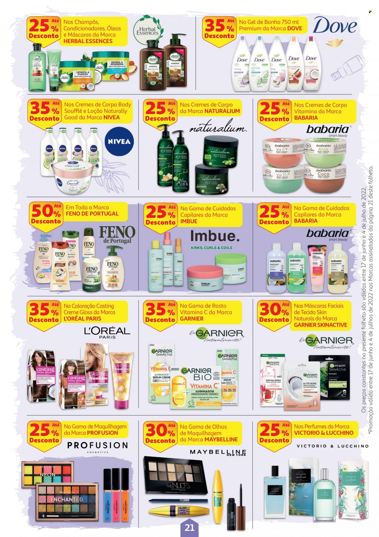 thumbnail - Folheto Auchan - 17.6.2022 - 4.7.2022 - Produtos em promoção - Nivea, Dove, L’Oréal, gel de banho, loção, Garnier, Maybelline, perfume, Vitamina C. Página 21.
