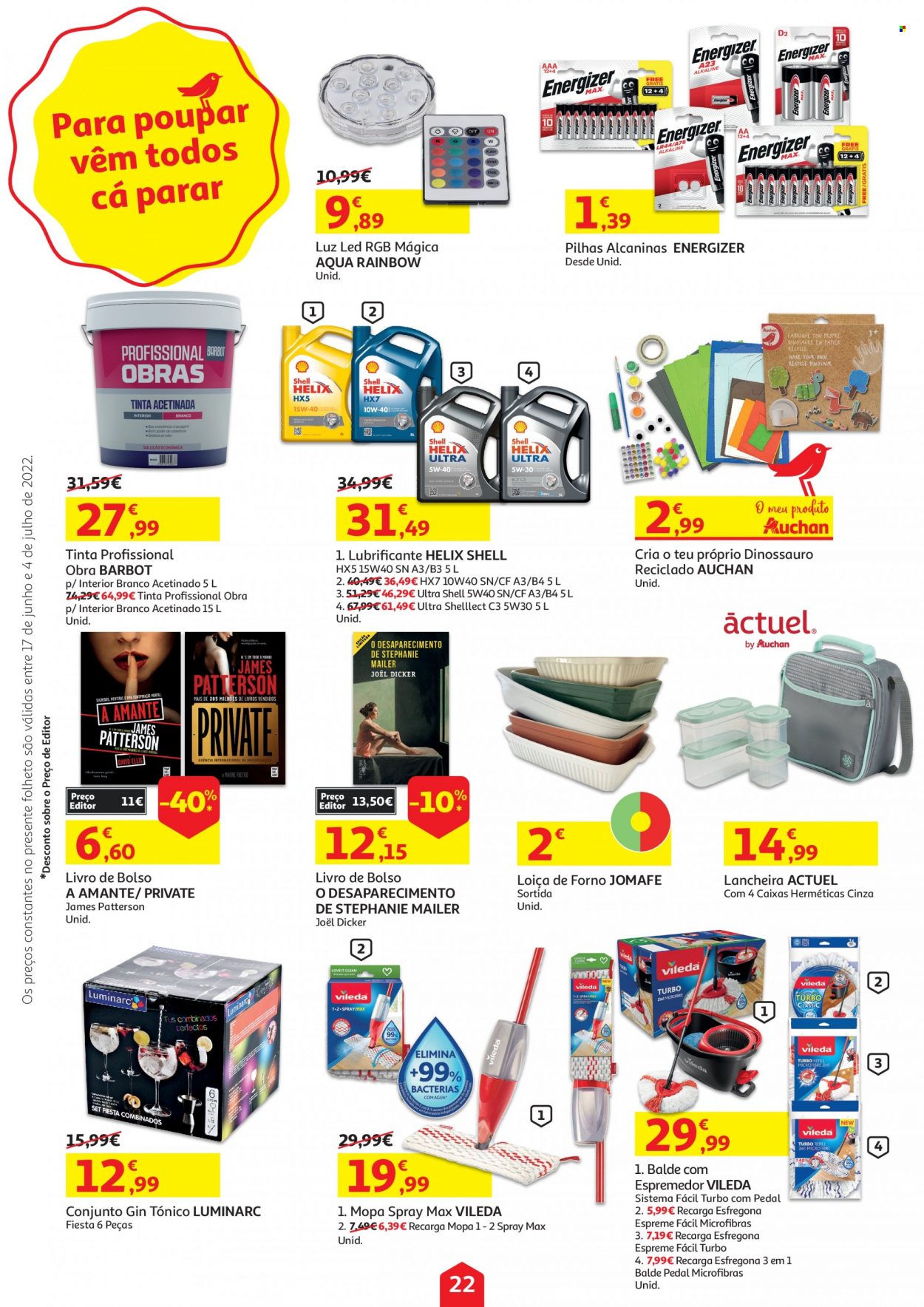 Folheto Auchan - 17.6.2022 - 4.7.2022 - Produtos em promoção - gin, Vileda, mopa, balde espremedor, espremedor, lancheira, pilhas alcaninas, Energizer, livro, dinossauro. Página 22.