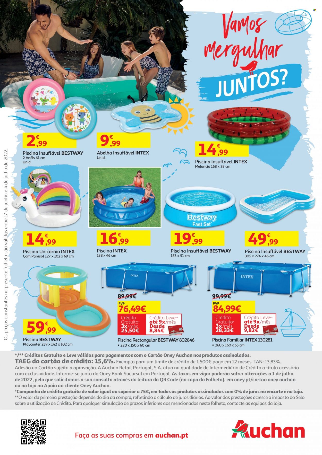 thumbnail - Folheto Auchan - 17.6.2022 - 4.7.2022 - Produtos em promoção - melancia, unicórnio, Bestway, guarda sol, piscinas. Página 36.