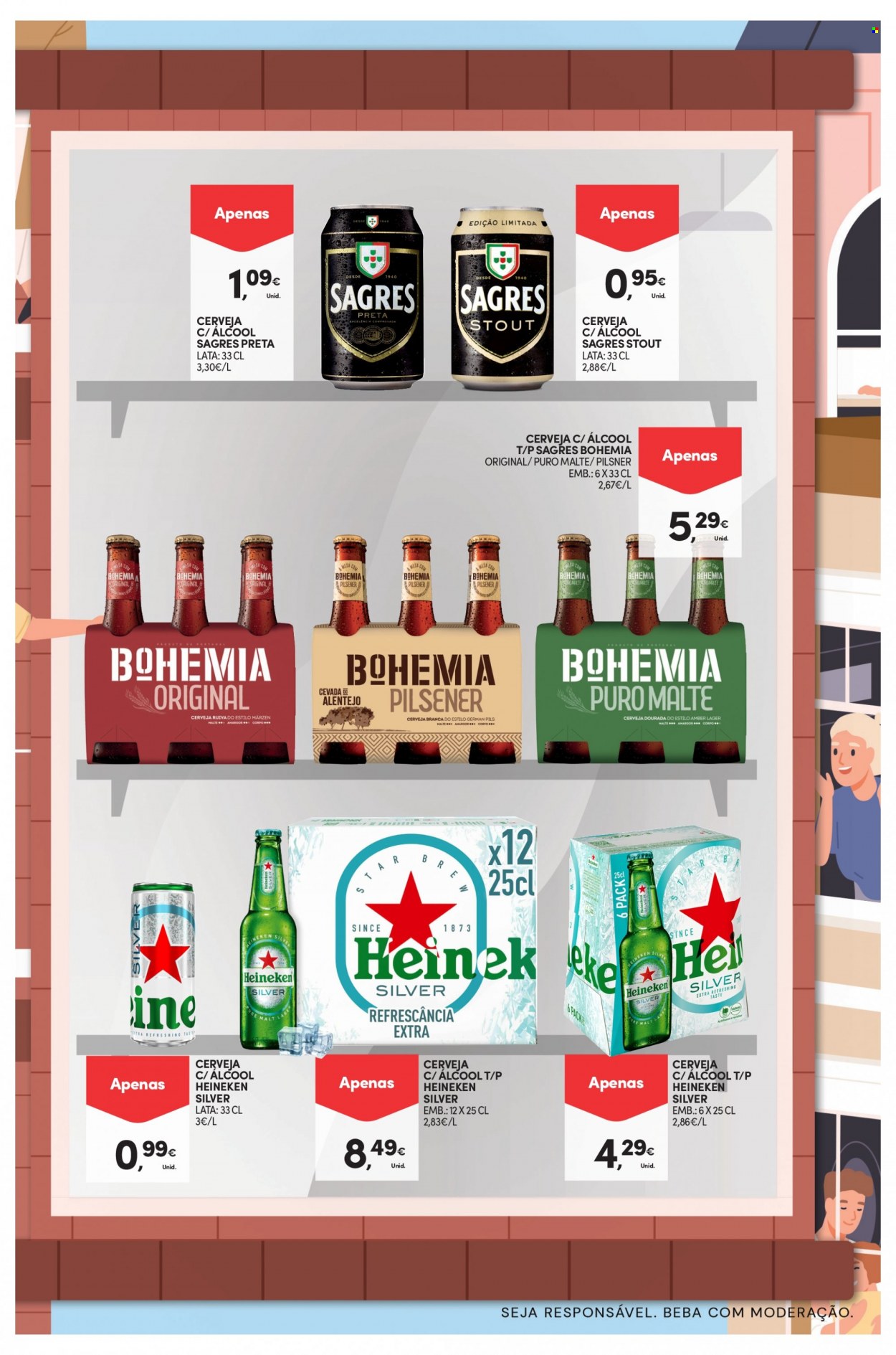 thumbnail - Folheto Continente Modelo - 23.6.2022 - 6.7.2022 - Produtos em promoção - Heineken, Sagres, cerveja, Puro Malte, mesa. Página 14.
