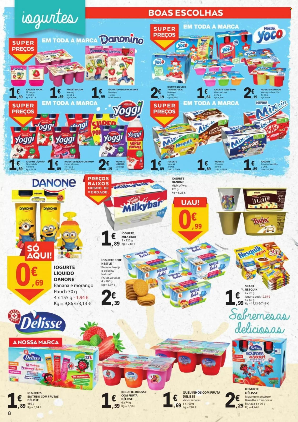 thumbnail - Folheto E.Leclerc - 28.6.2022 - 10.7.2022 - Produtos em promoção - iogurte, Danone, iogurte líquido, Nesquik, Twix, Nestlé, M&M's, Chocapic. Página 8.
