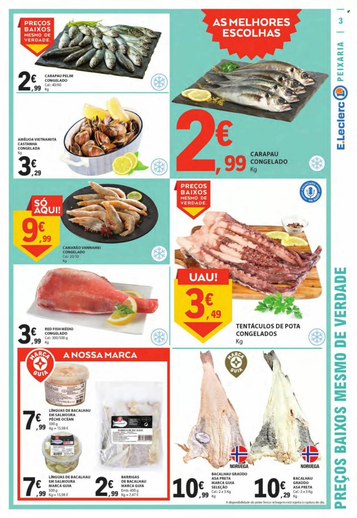 thumbnail - Folheto E.Leclerc - 30.6.2022 - 6.7.2022 - Produtos em promoção - camarão, bacalhau, amêijoa, tentáculos de polvo, carapau, red fish, castanhas congeladas. Página 3.