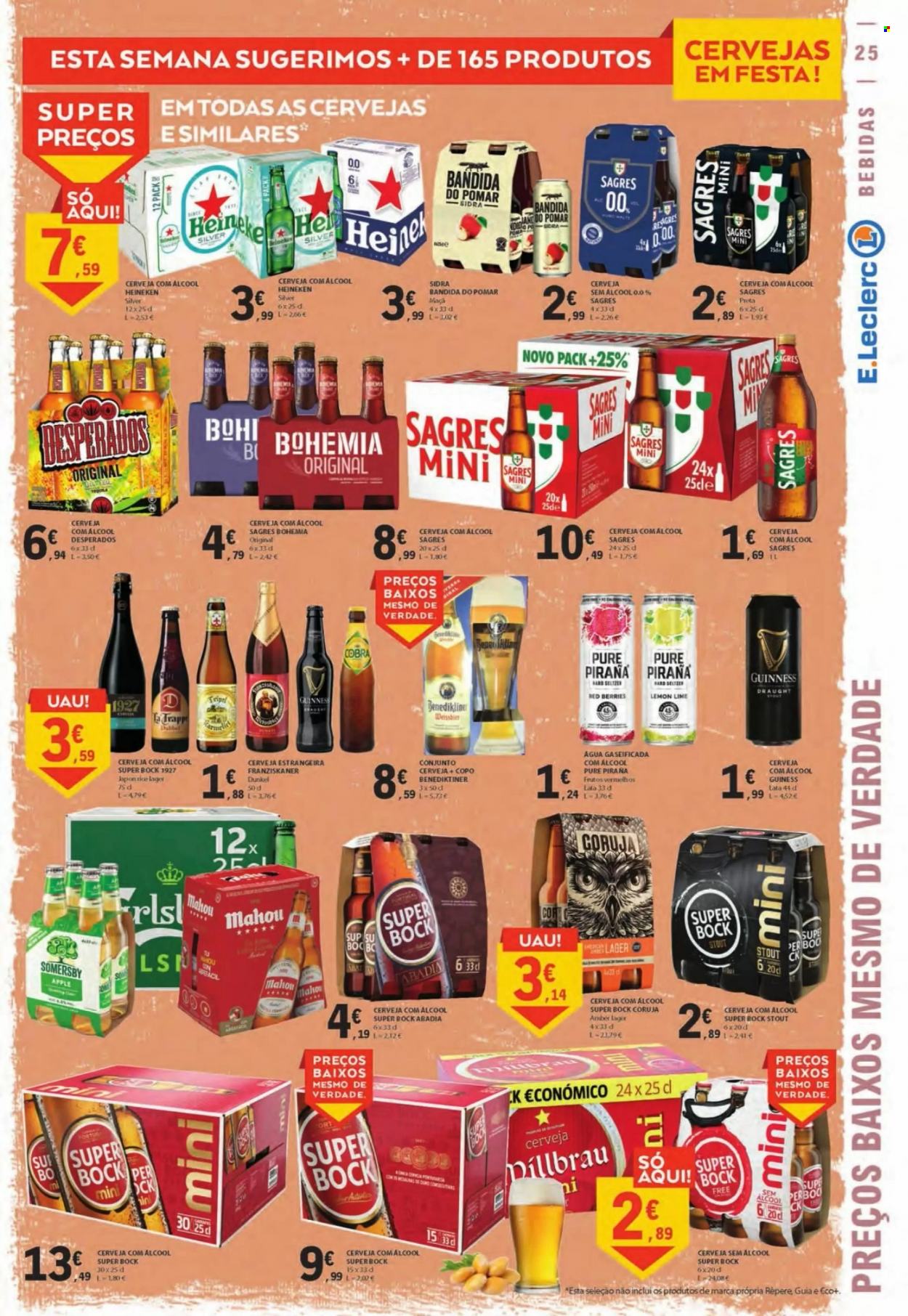 thumbnail - Folheto E.Leclerc - 30.6.2022 - 6.7.2022 - Produtos em promoção - Heineken, Sagres, cerveja sem álcool, Super Bock, cerveja, Somersby, água, sidra, copo. Página 25.