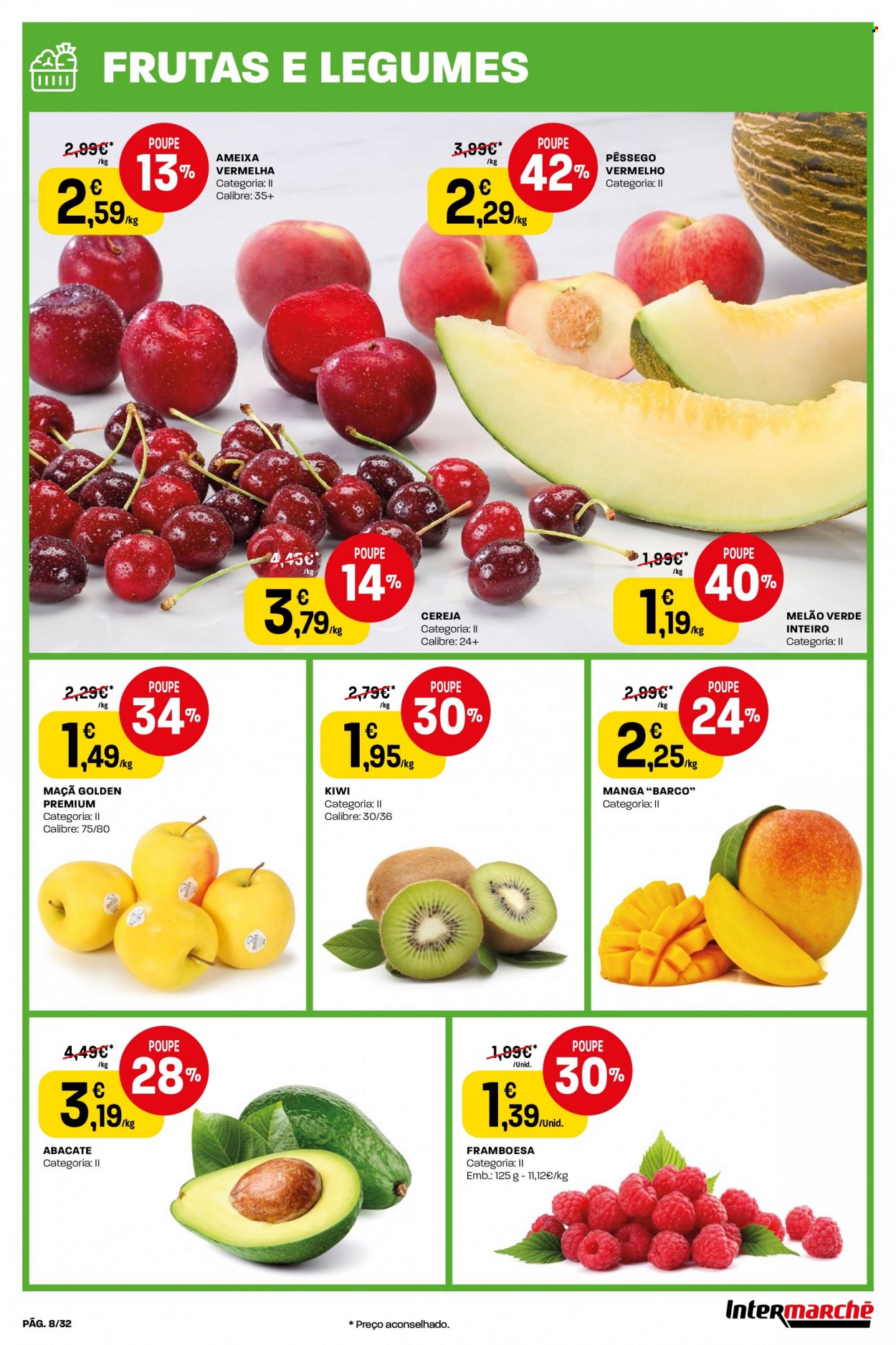 thumbnail - Folheto Intermarché - 30.6.2022 - 6.7.2022 - Produtos em promoção - maçã, kiwi, melão, abacate, cereja, framboesa, pêssego, manga, melão verde. Página 8.