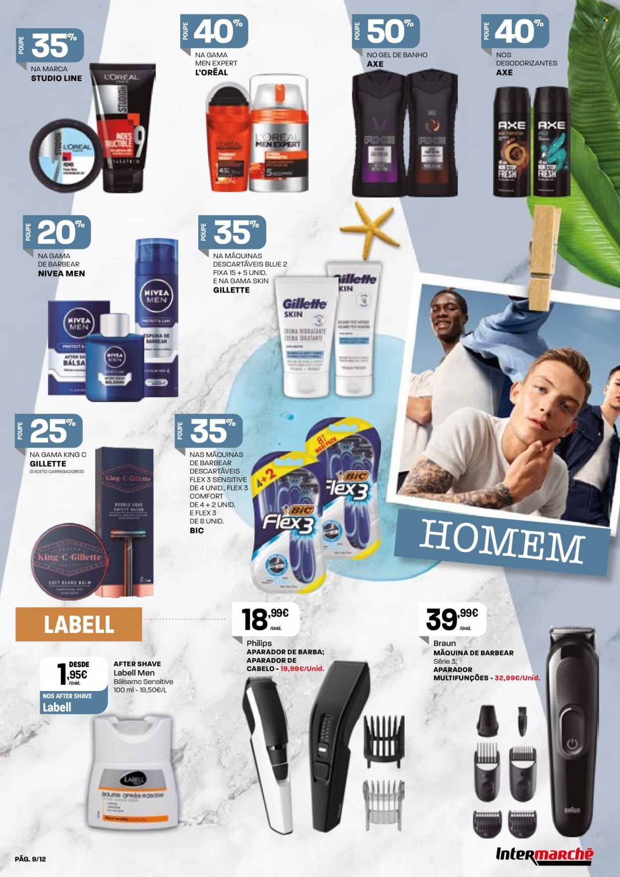 thumbnail - Folheto Intermarché - 30.6.2022 - 13.7.2022 - Produtos em promoção - Nivea, Comfort, L’Oréal, gel de banho, Nivea Men, Axe, aparelho de barbear, espuma de barbear, Gillette, cortador de cabelo. Página 9.