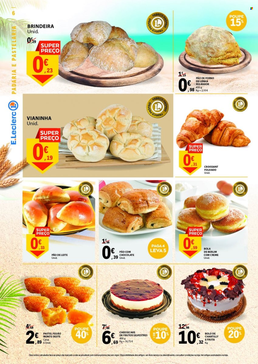 thumbnail - Folheto E.Leclerc - 21.7.2022 - 7.8.2022 - Produtos em promoção - pão, bolo, croissant, pão de leite, creme de chantilly. Página 6.