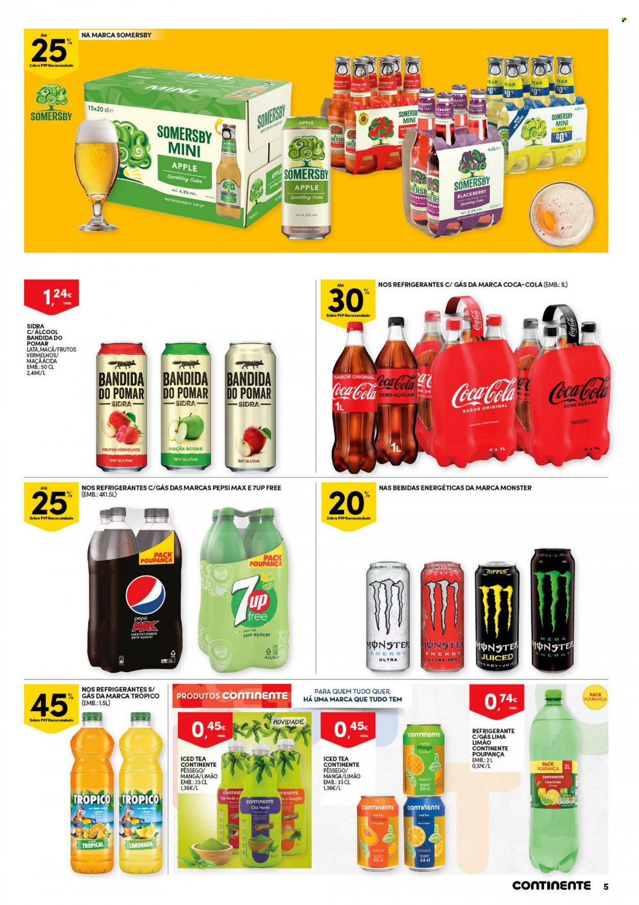 thumbnail - Folheto Continente - 26.7.2022 - 7.8.2022 - Produtos em promoção - Somersby, pêssego, Coca Cola, cider, Pepsi, refrigerante, bebida energética, 7-Up, Monster Energy, chá, chá verde, sidra. Página 5.