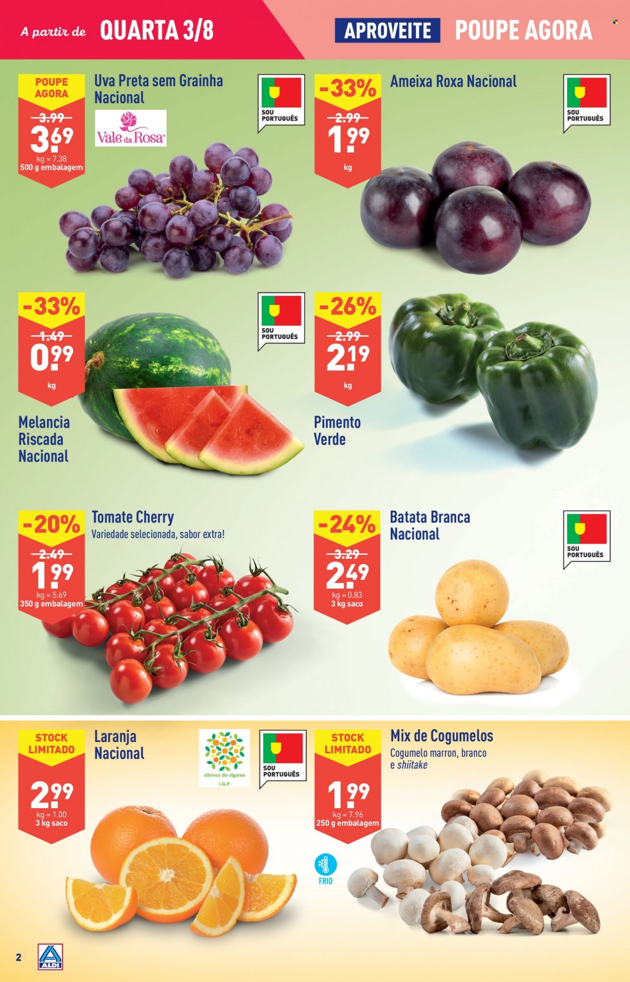 thumbnail - Folheto Aldi - 3.8.2022 - 9.8.2022 - Produtos em promoção - uva, ameixa, melancia, uva preta, minitomate, batata, tomate cherry, pimento. Página 2.
