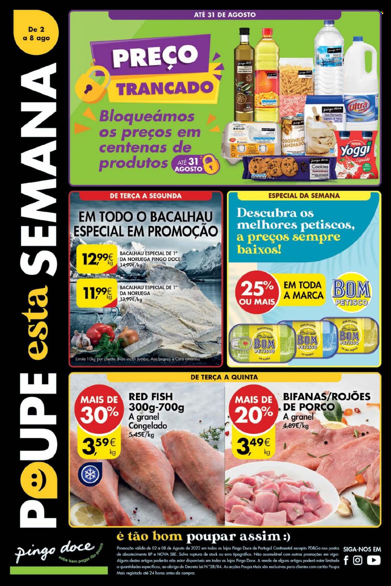 thumbnail - Folheto Pingo Doce - 2.8.2022 - 8.8.2022 - Produtos em promoção - rojões de porco, bifanas, cogumelo, red fish, bolachas, farinha, farinha de trigo. Página 1.