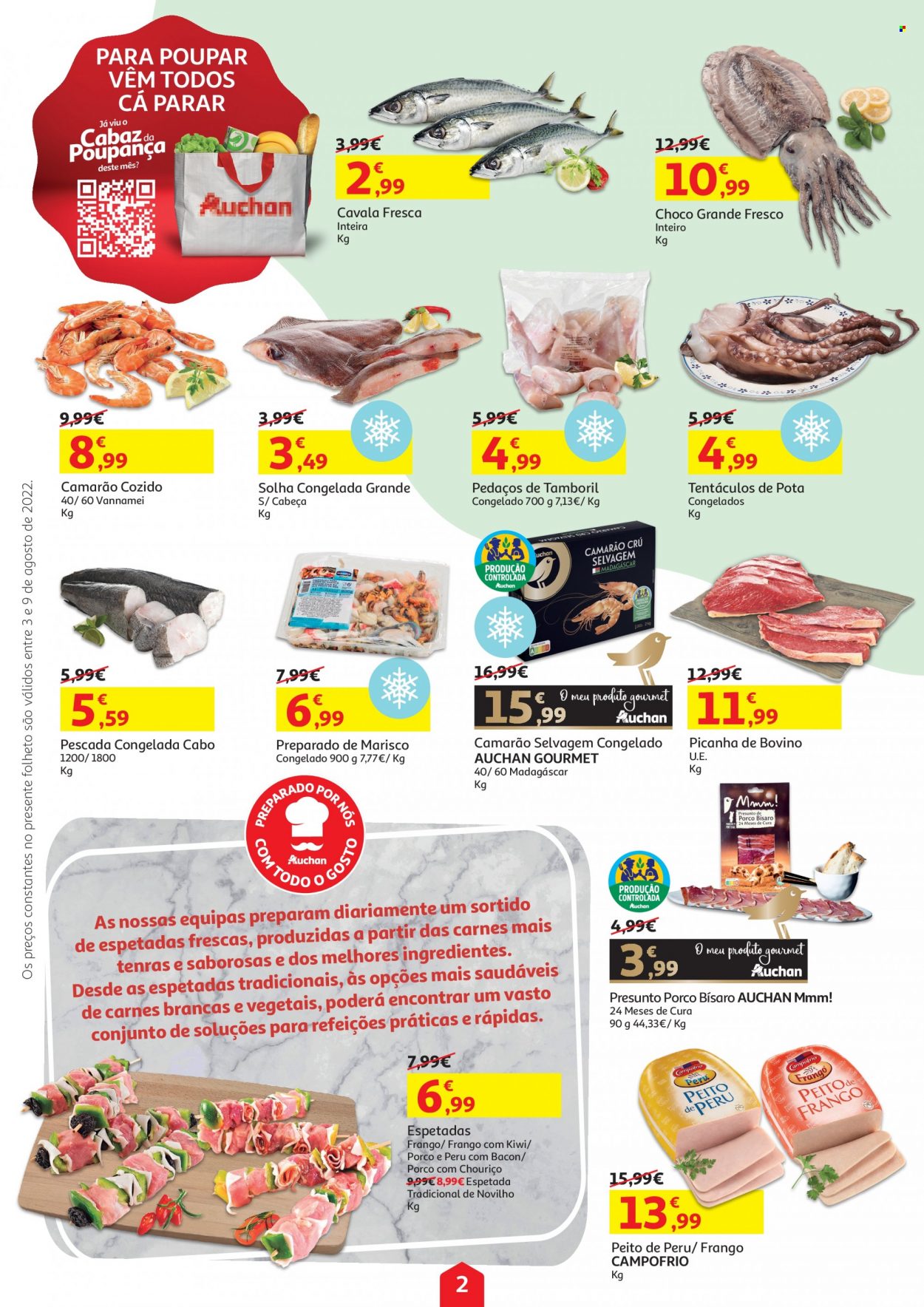 thumbnail - Folheto Auchan - 3.8.2022 - 9.8.2022 - Produtos em promoção - kiwi, picanha, peito de peru, carne de novilho, camarão, marisco, tentáculos de polvo, solha, presunto. Página 2.