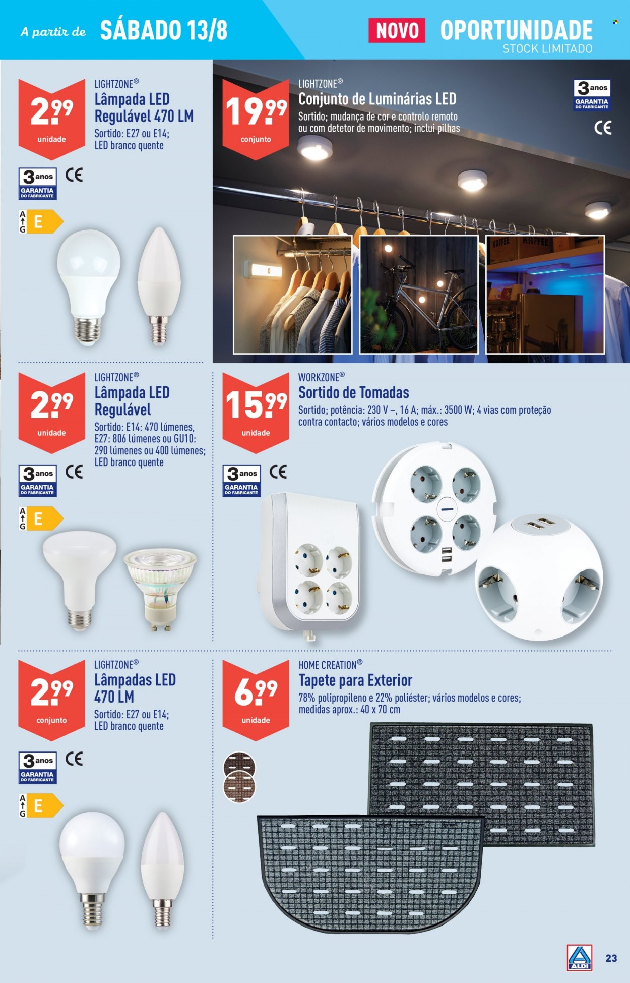 thumbnail - Folheto Aldi - 10.8.2022 - 16.8.2022 - Produtos em promoção - lâmpada, lâmpada LED, tapete. Página 23.