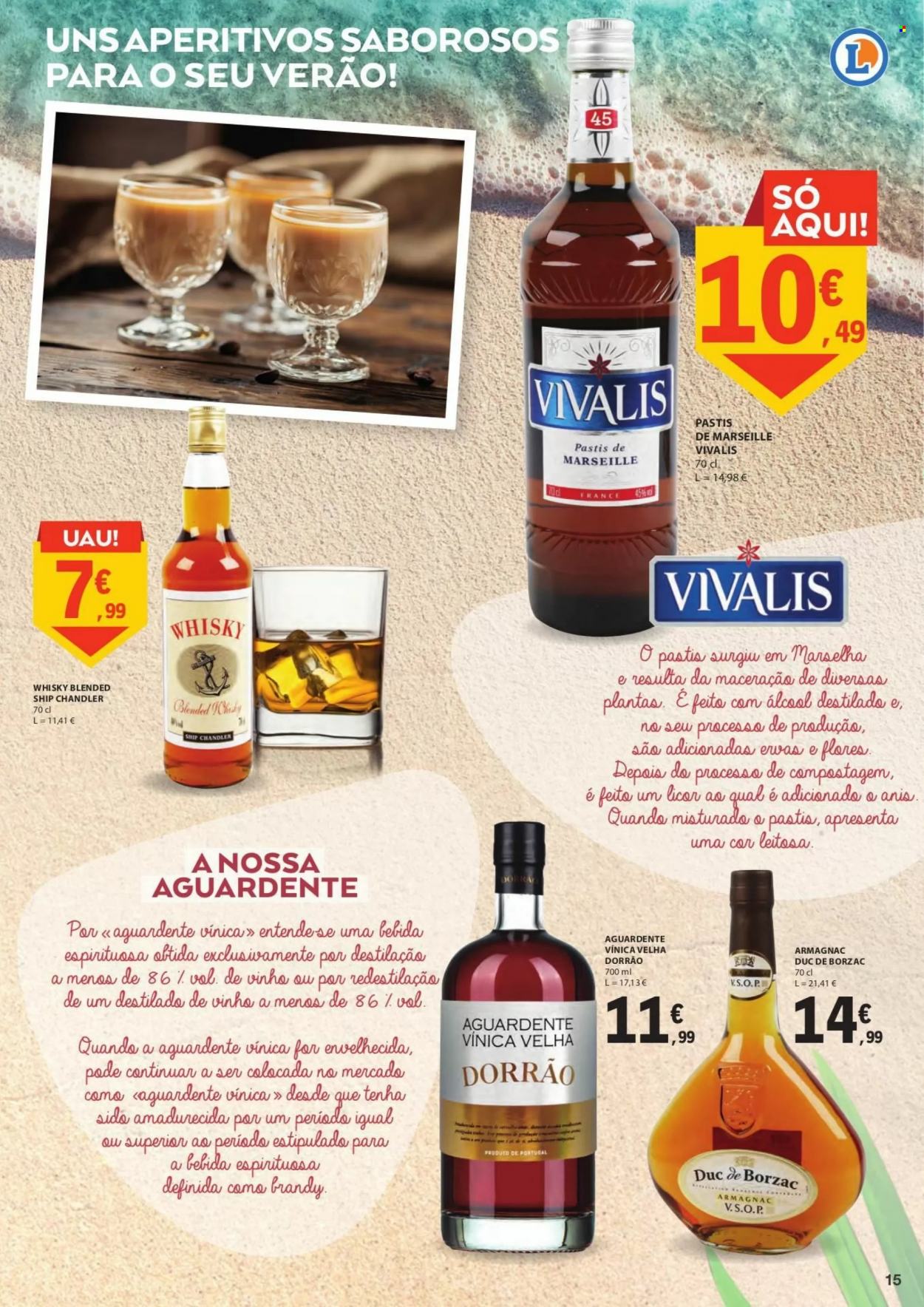 thumbnail - Folheto E.Leclerc - 1.8.2022 - 31.8.2022 - Produtos em promoção - Armagnac, pastis, whiskey, brandy, liqueur, aguardente. Página 15.