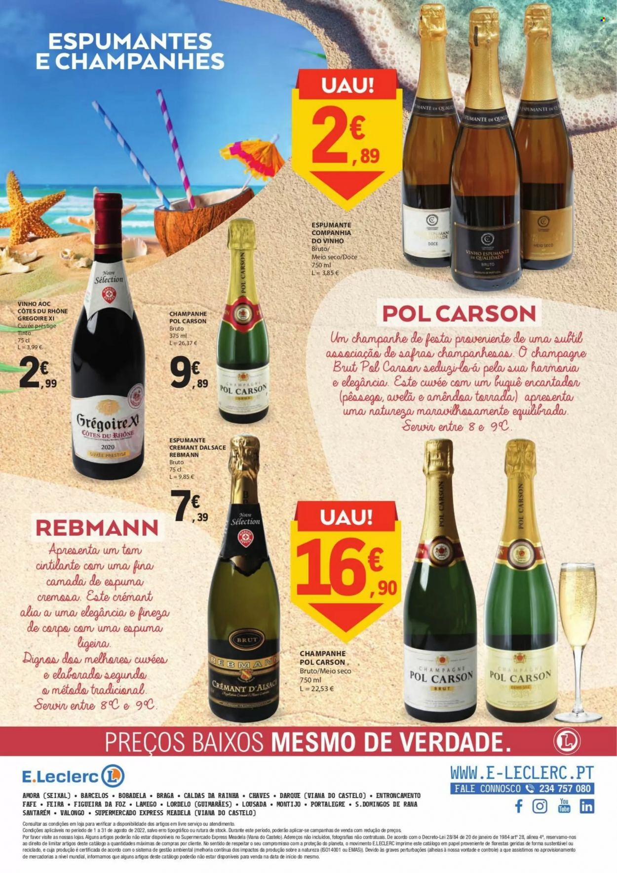 thumbnail - Folheto E.Leclerc - 1.8.2022 - 31.8.2022 - Produtos em promoção - pêssego, Crémant d’Alsace, espumante, champagne. Página 16.