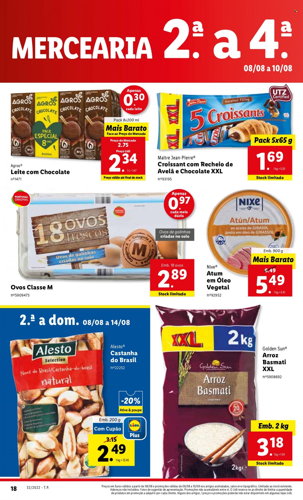 thumbnail - Folheto Lidl - 8.8.2022 - 14.8.2022 - Produtos em promoção - croissant, atum, leite, achocolatado, ovos, arroz, basmati. Página 20.