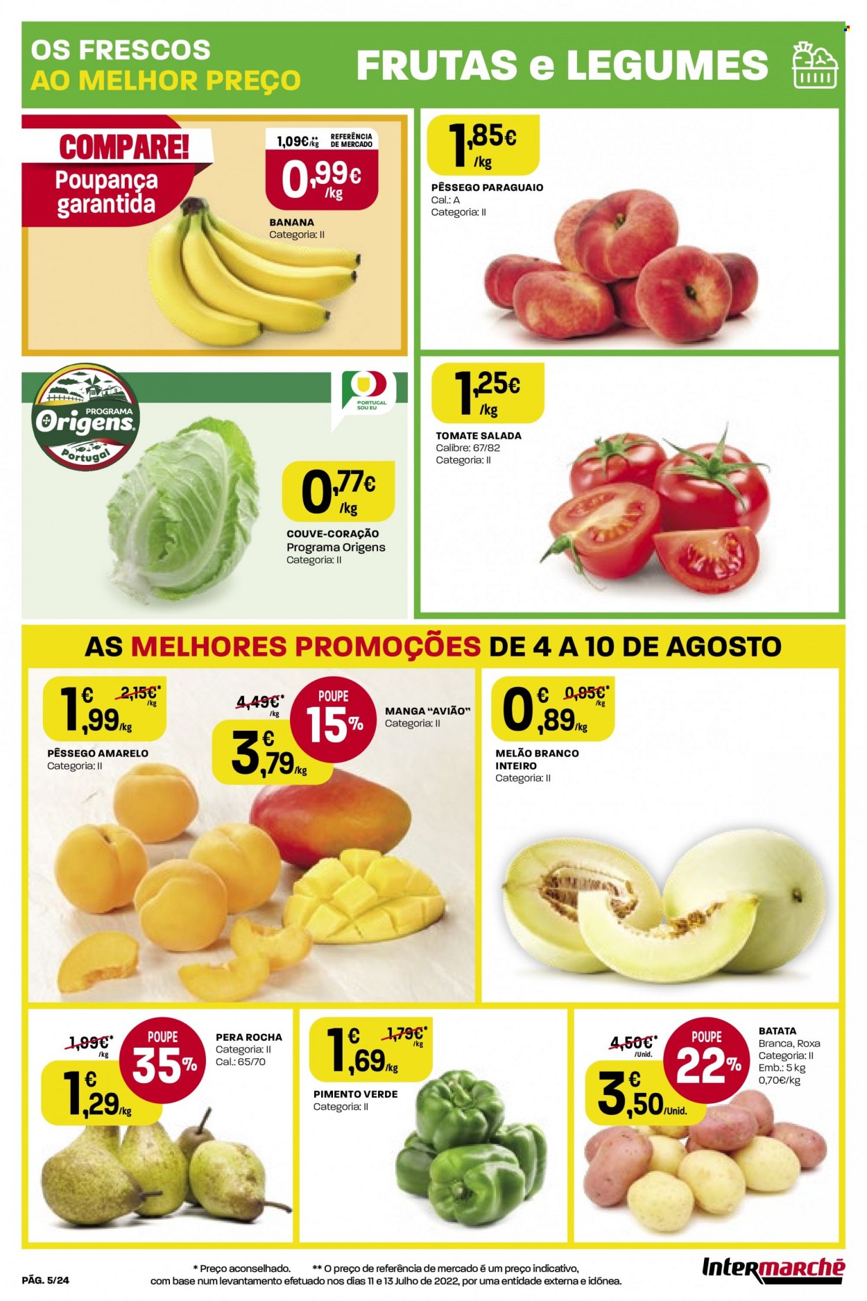thumbnail - Folheto Intermarché - 4.8.2022 - 10.8.2022 - Produtos em promoção - banana, melão, pêssego, manga, batata, couve, melão branco, pimento. Página 5.