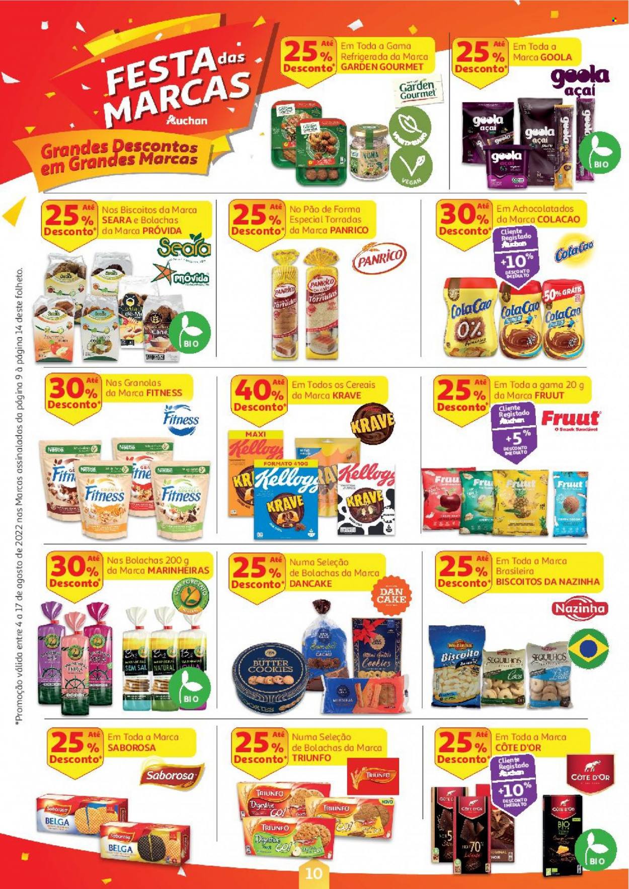 thumbnail - Folheto Auchan - 4.8.2022 - 17.8.2022 - Produtos em promoção - açai, pão torrado, biscoito, Nestlé. Página 10.