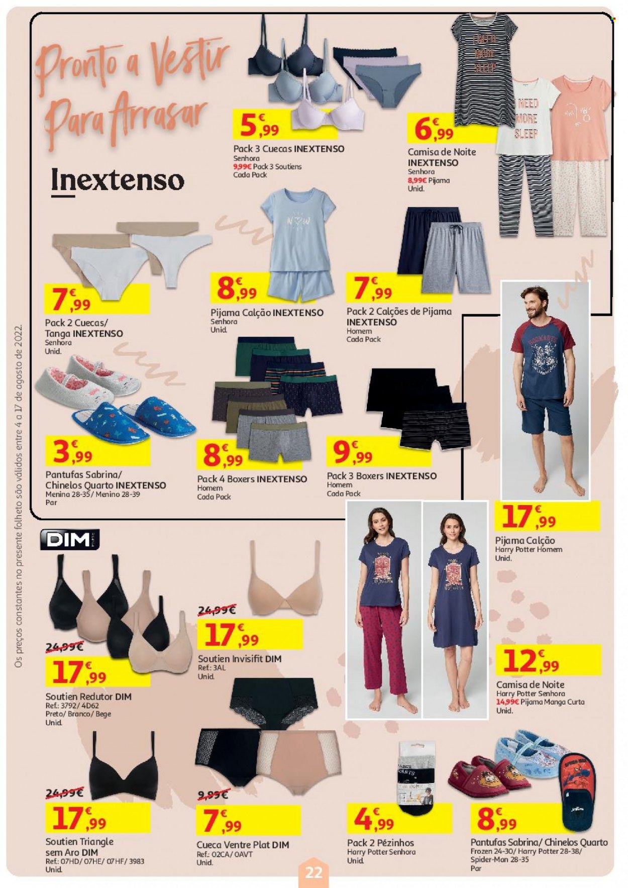 thumbnail - Folheto Auchan - 4.8.2022 - 17.8.2022 - Produtos em promoção - Frozen, calções, camisa, cuecas, tanga, pijama, boxer, soutien, pezinhos, chinelo. Página 22.