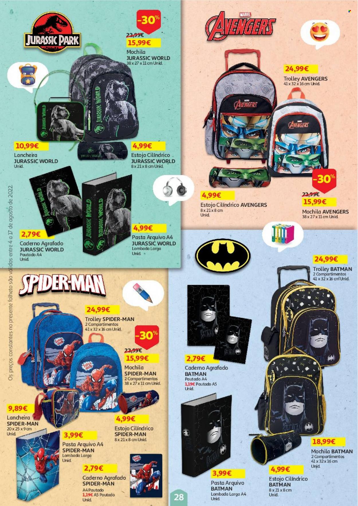 thumbnail - Folheto Auchan - 4.8.2022 - 17.8.2022 - Produtos em promoção - Avengers, Marvel, lancheira, mochila, pastas de arquivo, estojo. Página 28.