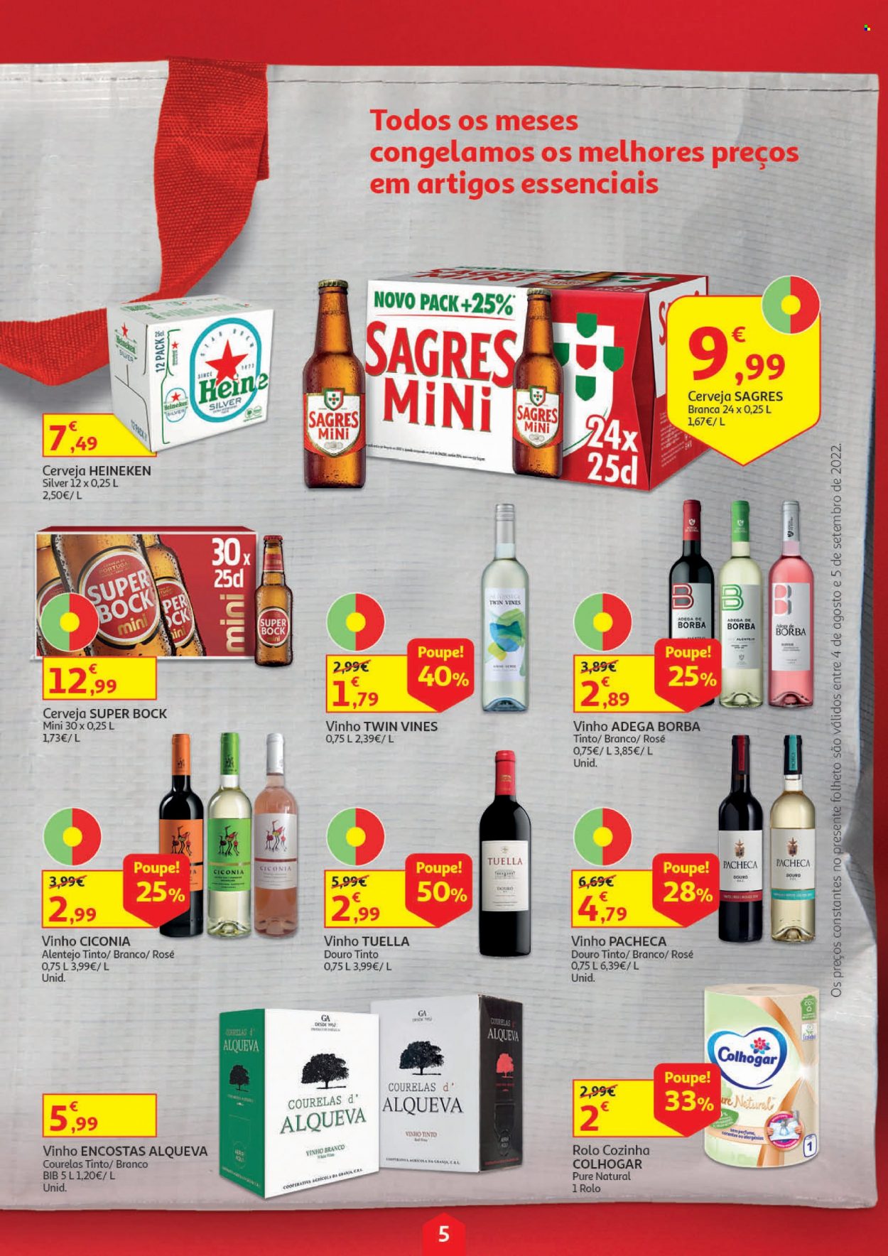 thumbnail - Folheto Auchan - 4.8.2022 - 5.9.2022 - Produtos em promoção - Heineken, Sagres, Super Bock, cerveja, vinho, vinho branco, vinho tinto, rolo de cozinha. Página 5.