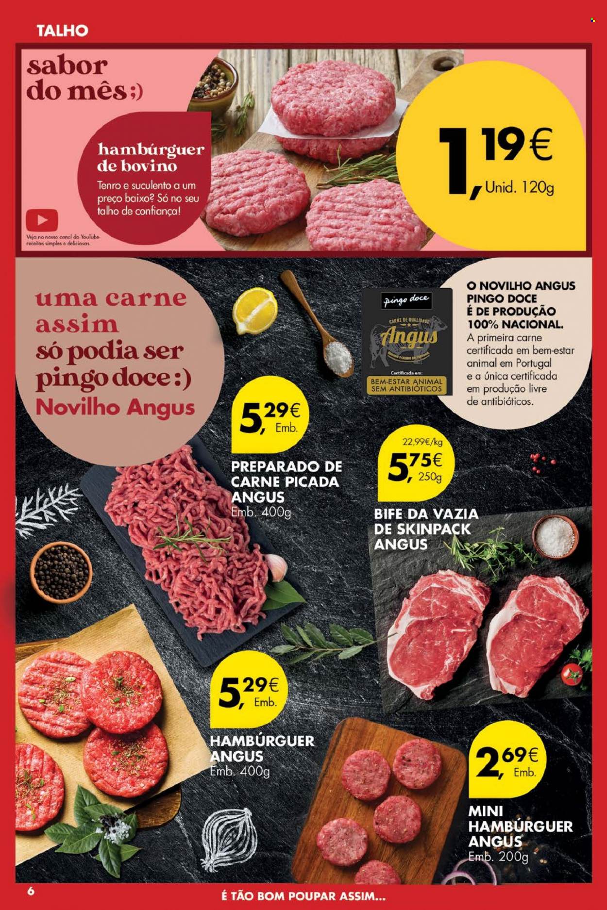 thumbnail - Folheto Pingo Doce - 9.8.2022 - 15.8.2022 - Produtos em promoção - bife, carne de novilho, Angus, hamburger, carne moída. Página 6.