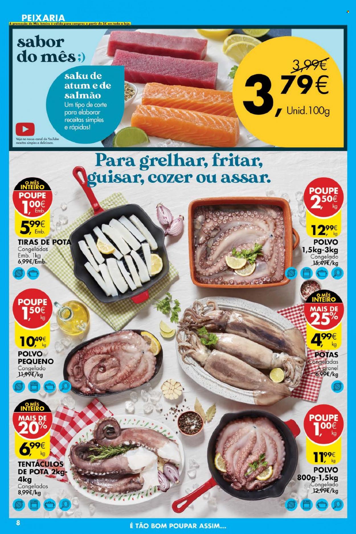 thumbnail - Folheto Pingo Doce - 9.8.2022 - 15.8.2022 - Produtos em promoção - salmão, polvo, atum, tentáculos de polvo. Página 8.