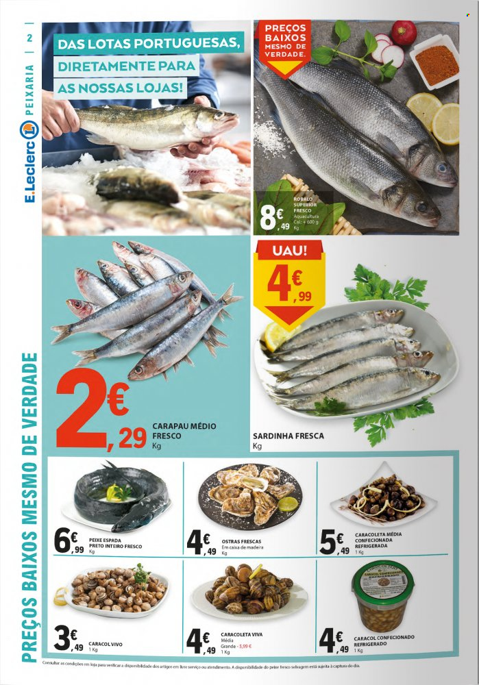 thumbnail - Folheto E.Leclerc - 11.8.2022 - 17.8.2022 - Produtos em promoção - peixe espada, peixe, sardinha inteira, robalo, carapau. Página 2.