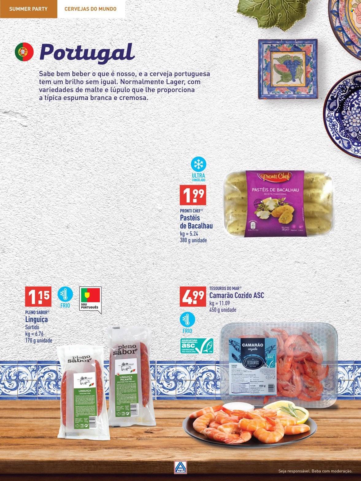thumbnail - Folheto Aldi - Produtos em promoção - cerveja, camarão, bacalhau, linguiça. Página 22.