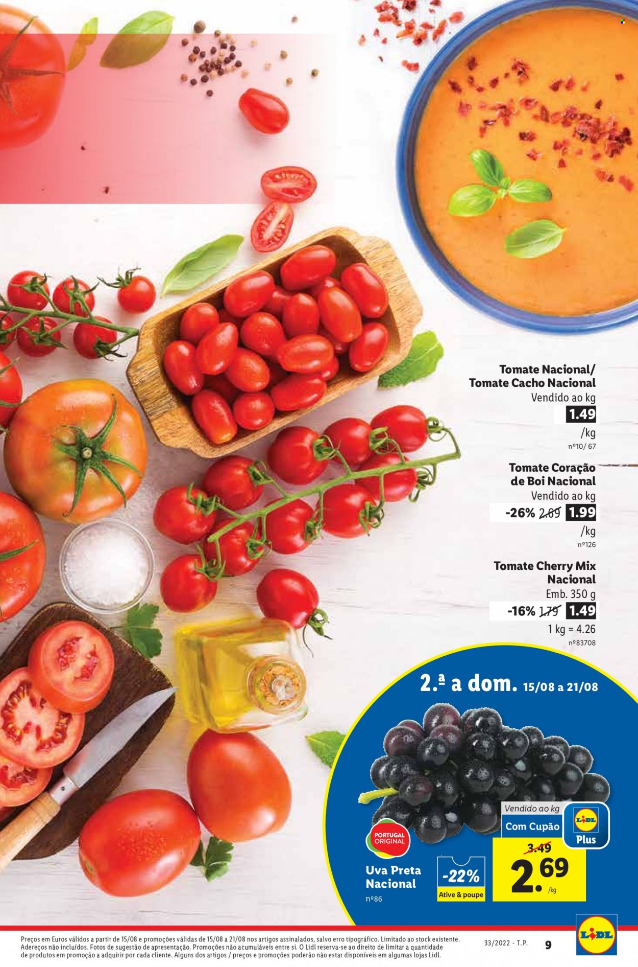 thumbnail - Folheto Lidl - 15.8.2022 - 21.8.2022 - Produtos em promoção - uva, uva preta, minitomate, tomate cherry. Página 11.