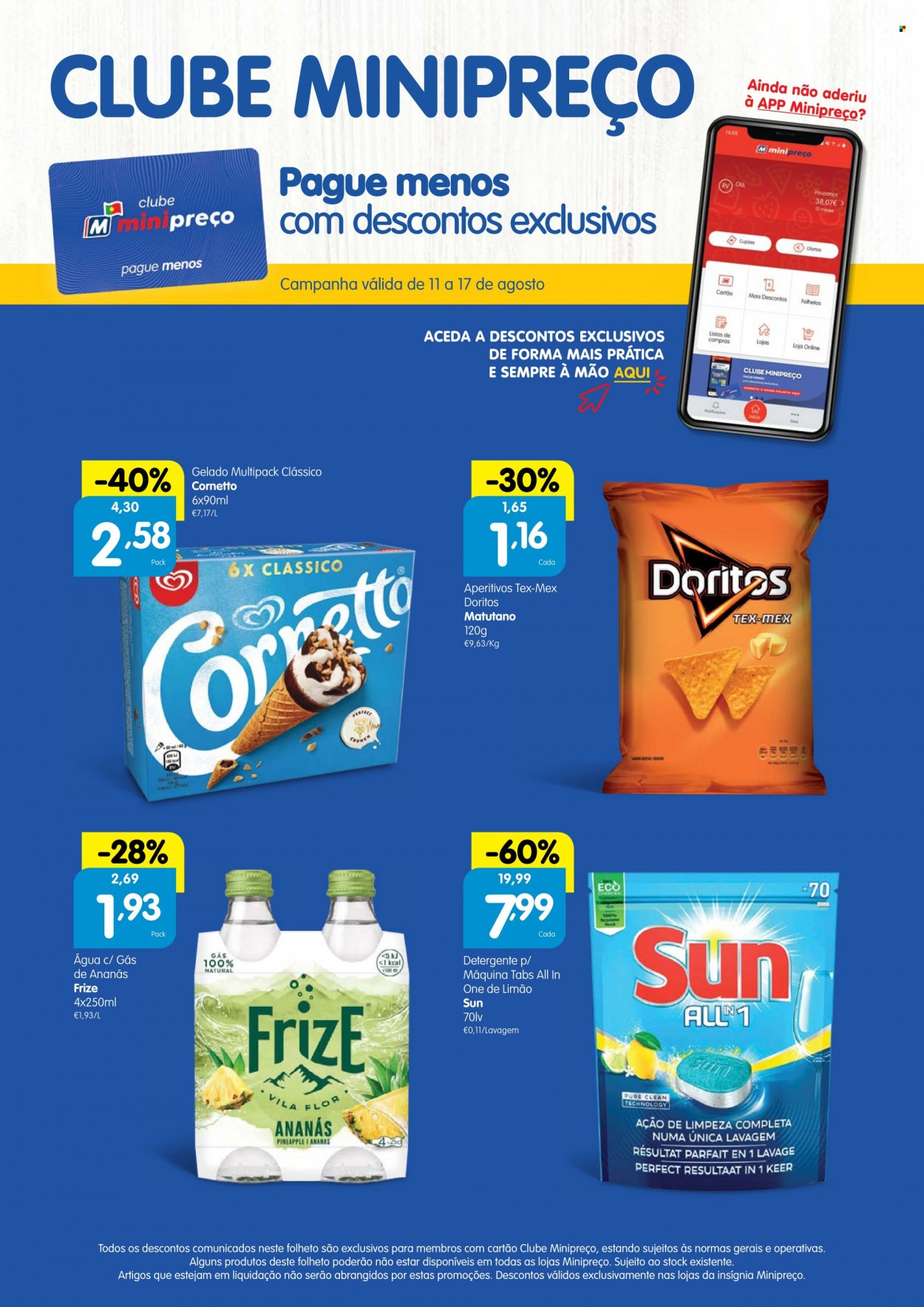 thumbnail - Folheto Minipreço - 11.8.2022 - 17.8.2022 - Produtos em promoção - gelado, aperitivos, água com gás, água, detergente. Página 1.