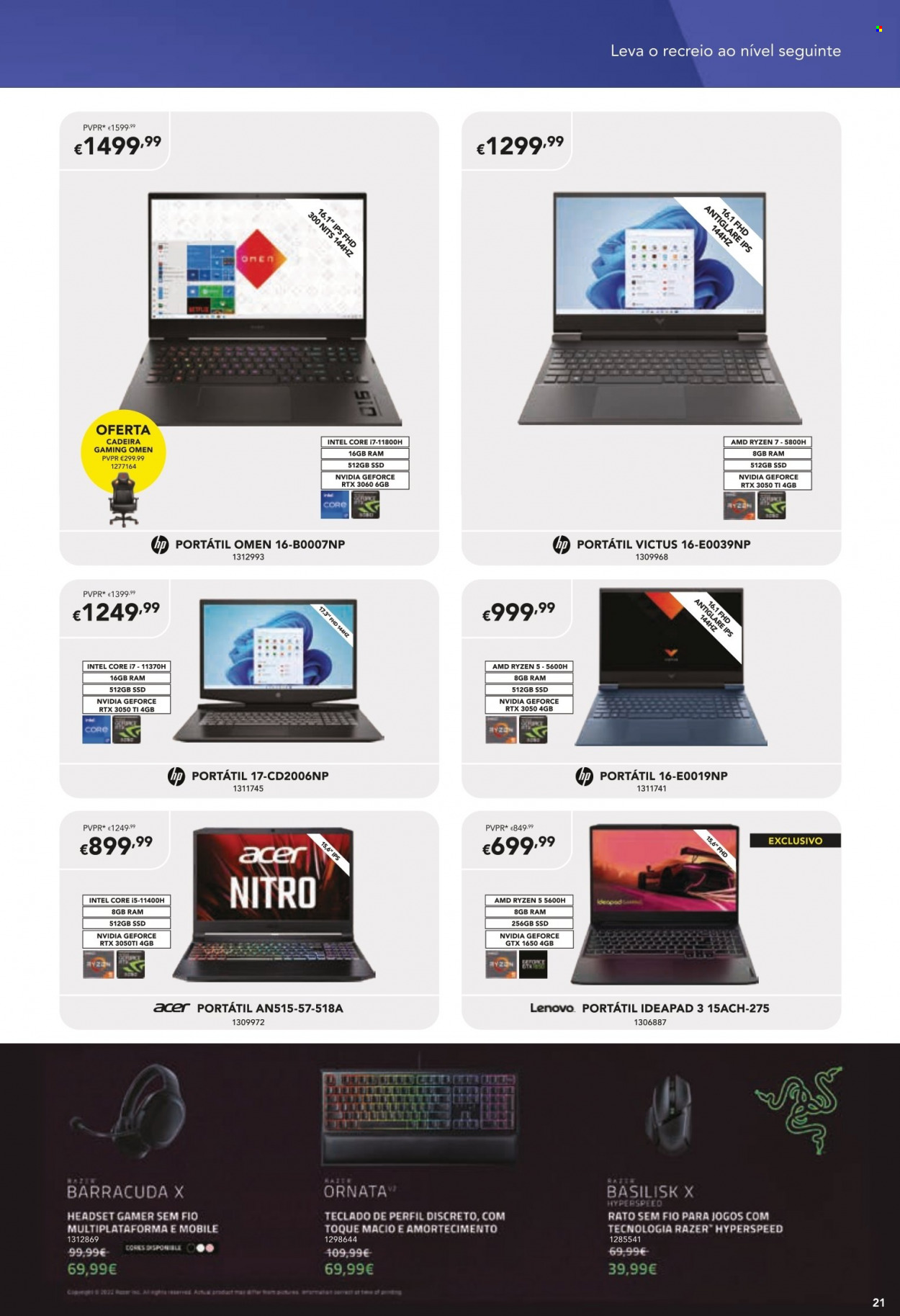 thumbnail - Folheto Radio Popular - 25.8.2022 - 25.9.2022 - Produtos em promoção - Lenovo, Acer, mouse, teclado, cadeira gamer, headset, PC portátil. Página 21.