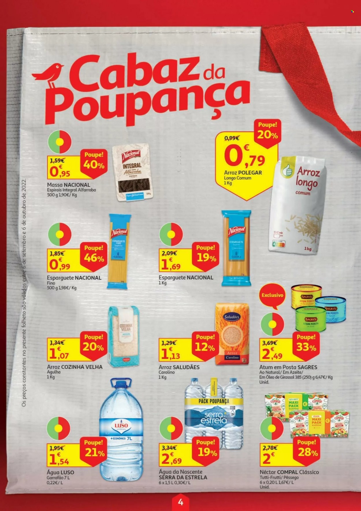 thumbnail - Folheto Auchan - 6.9.2022 - 6.10.2022 - Produtos em promoção - Sagres, pêssego, atum, arroz, espaguetes, nectar, Compal, água. Página 4.