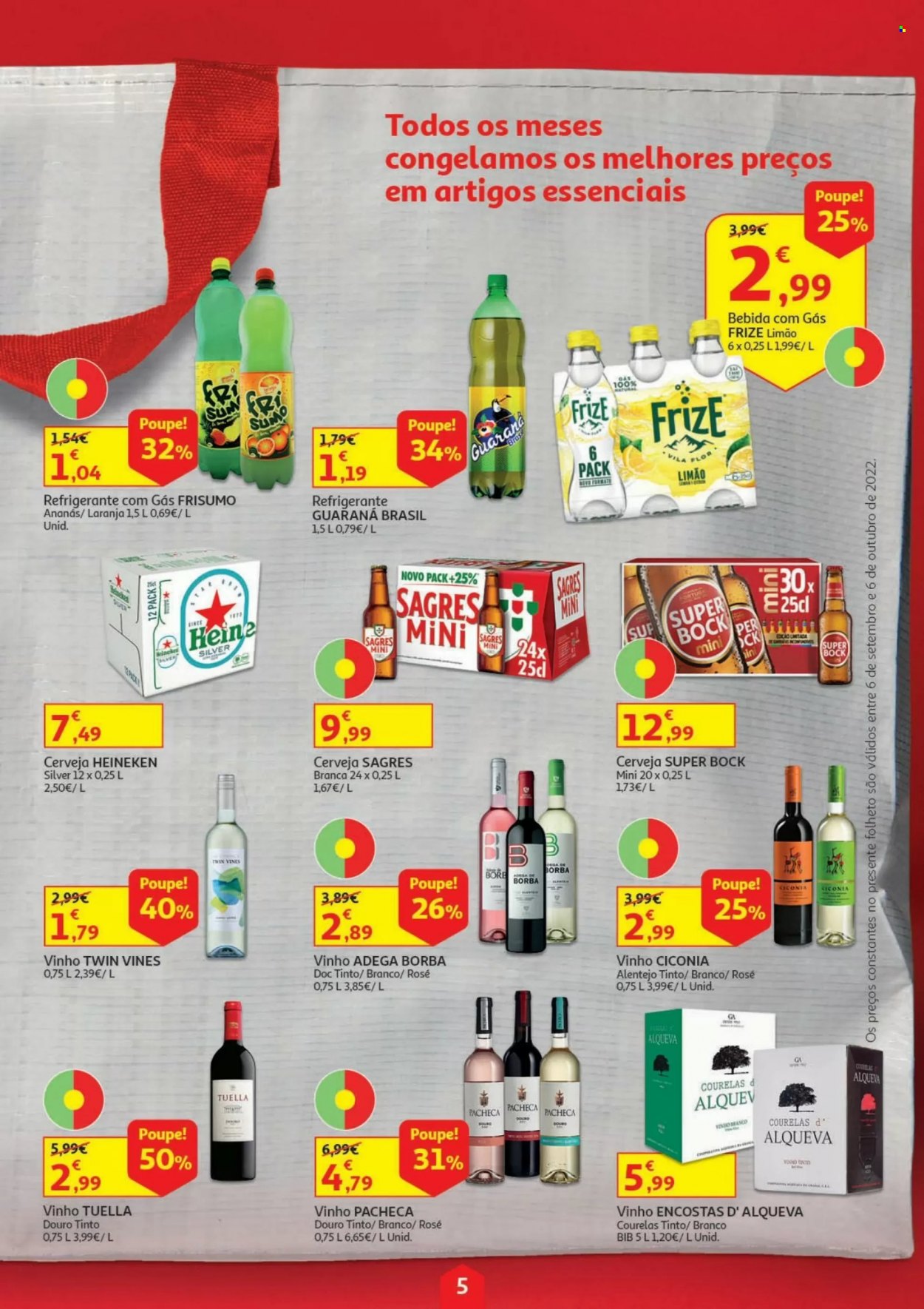 thumbnail - Folheto Auchan - 6.9.2022 - 6.10.2022 - Produtos em promoção - Heineken, Sagres, Super Bock, cerveja, refrigerante, bebida, Guaraná, vinho, vinho tinto. Página 5.