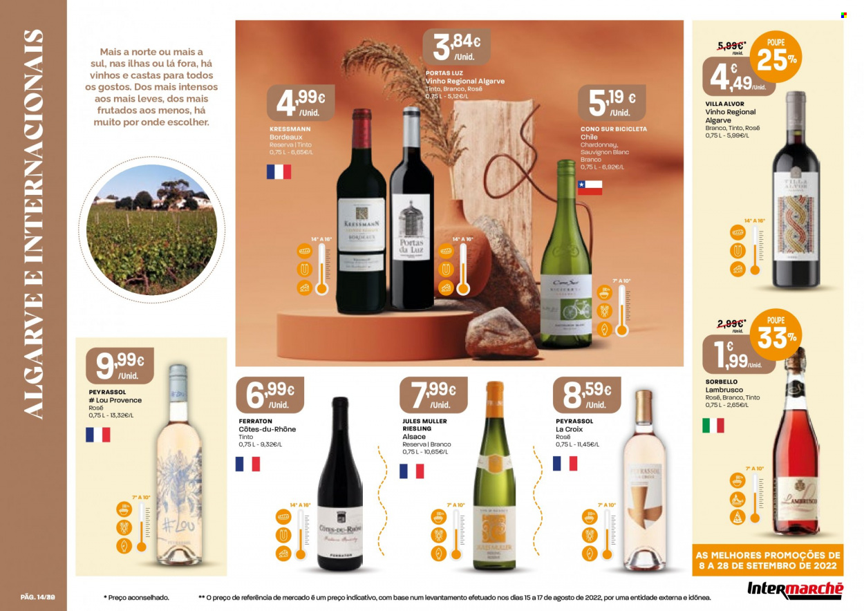 thumbnail - Folheto Intermarché - 8.9.2022 - 28.9.2022 - Produtos em promoção - vinho, Chardonnay, vinho branco, sauvignon blanc, Riesling, lambrusco, bicicleta. Página 14.