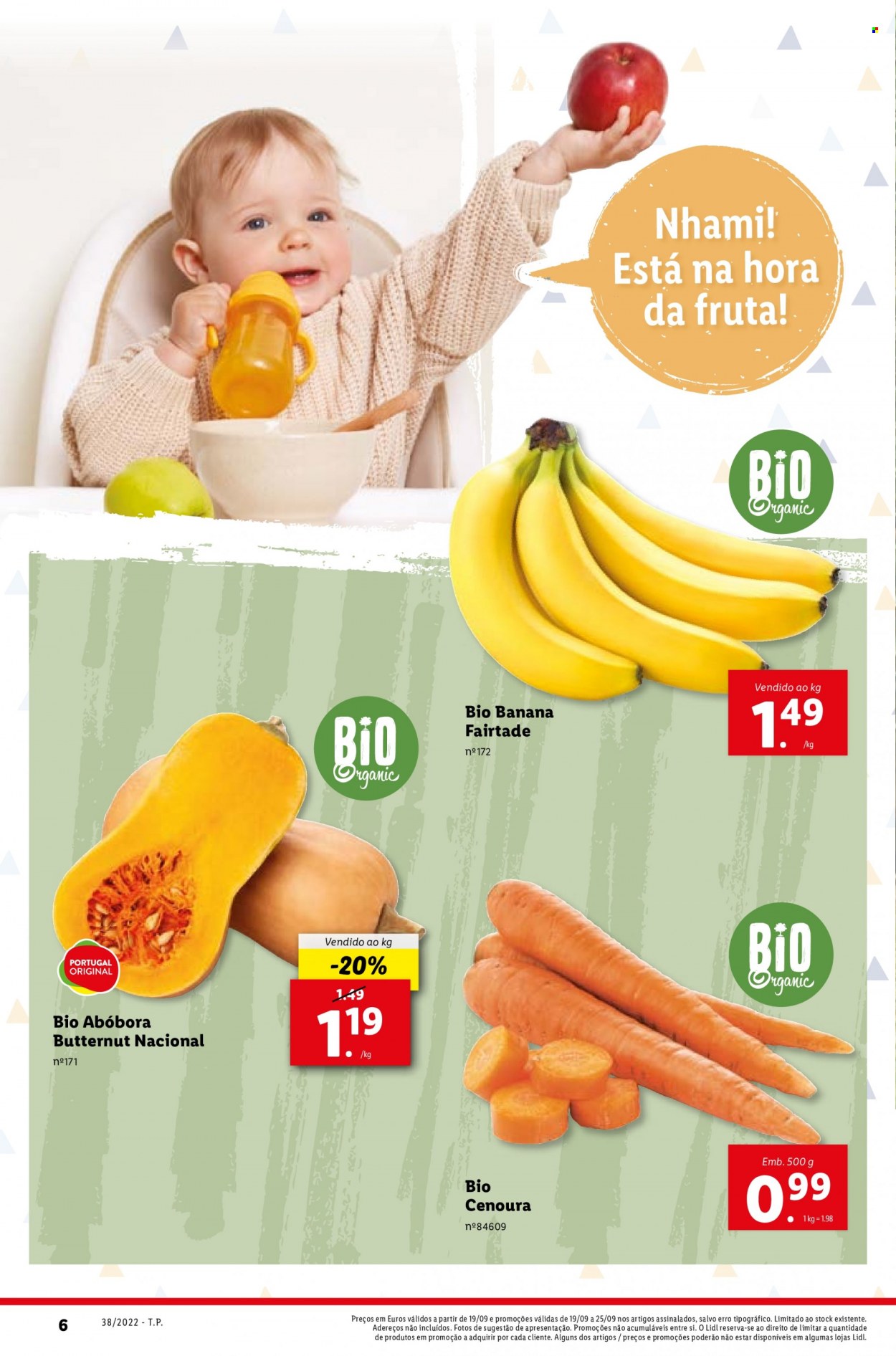 Folheto Lidl - 19.9.2022 - 25.9.2022 - Produtos em promoção - banana, abóbora, cenoura. Página 6.