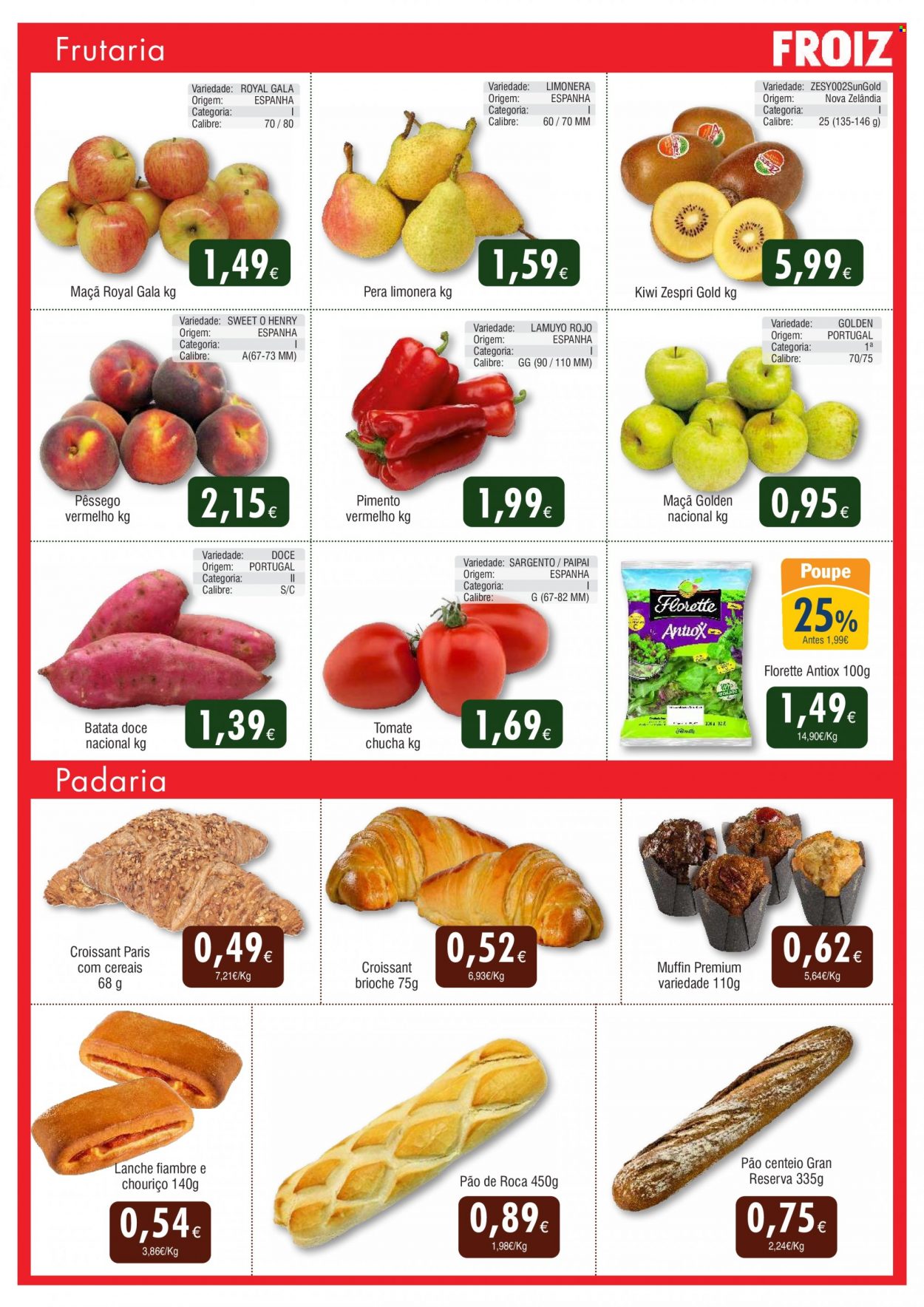 thumbnail - Folheto Froiz - 15.9.2022 - 5.10.2022 - Produtos em promoção - maçã, kiwi, pêssego, pimento, pimento vermelho, pão, muffin, brioche, croissant. Página 2.