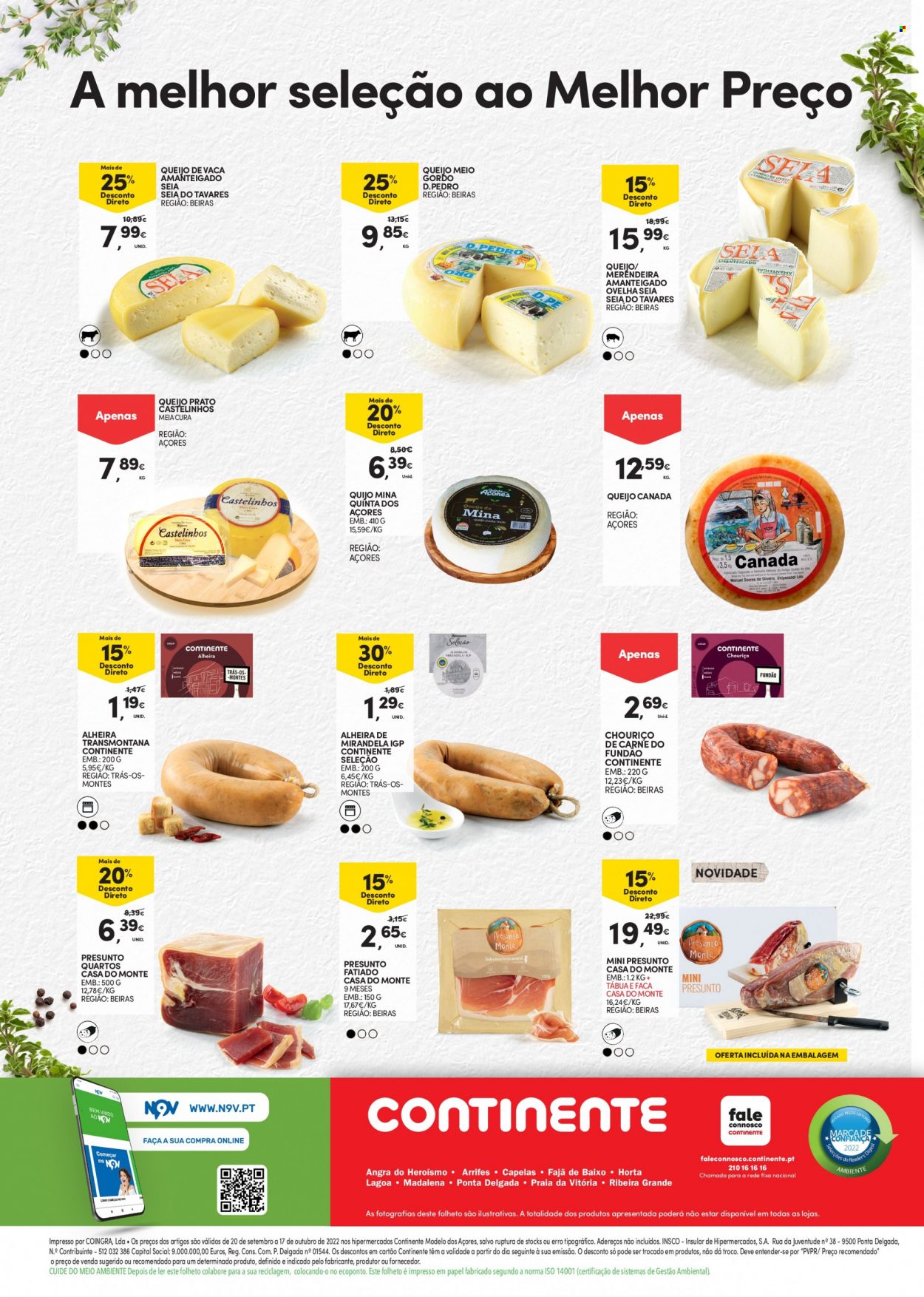 thumbnail - Folheto Continente Modelo - 20.9.2022 - 17.10.2022 - Produtos em promoção - chouriço, tábua, alheira, queijo prato. Página 52.