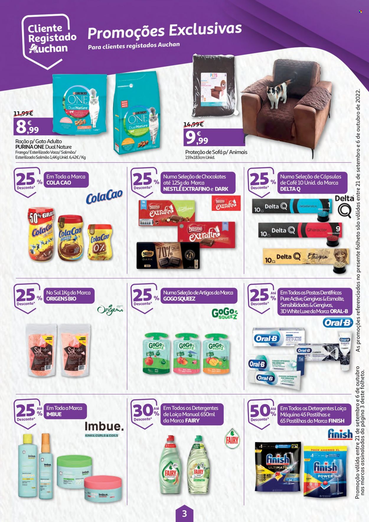 thumbnail - Folheto Auchan - 21.9.2022 - 6.10.2022 - Produtos em promoção - Nestlé, Delta Q, detergente, Fairy, Finish, Oral-B, esmalte, Purina, ração, sofá. Página 3.