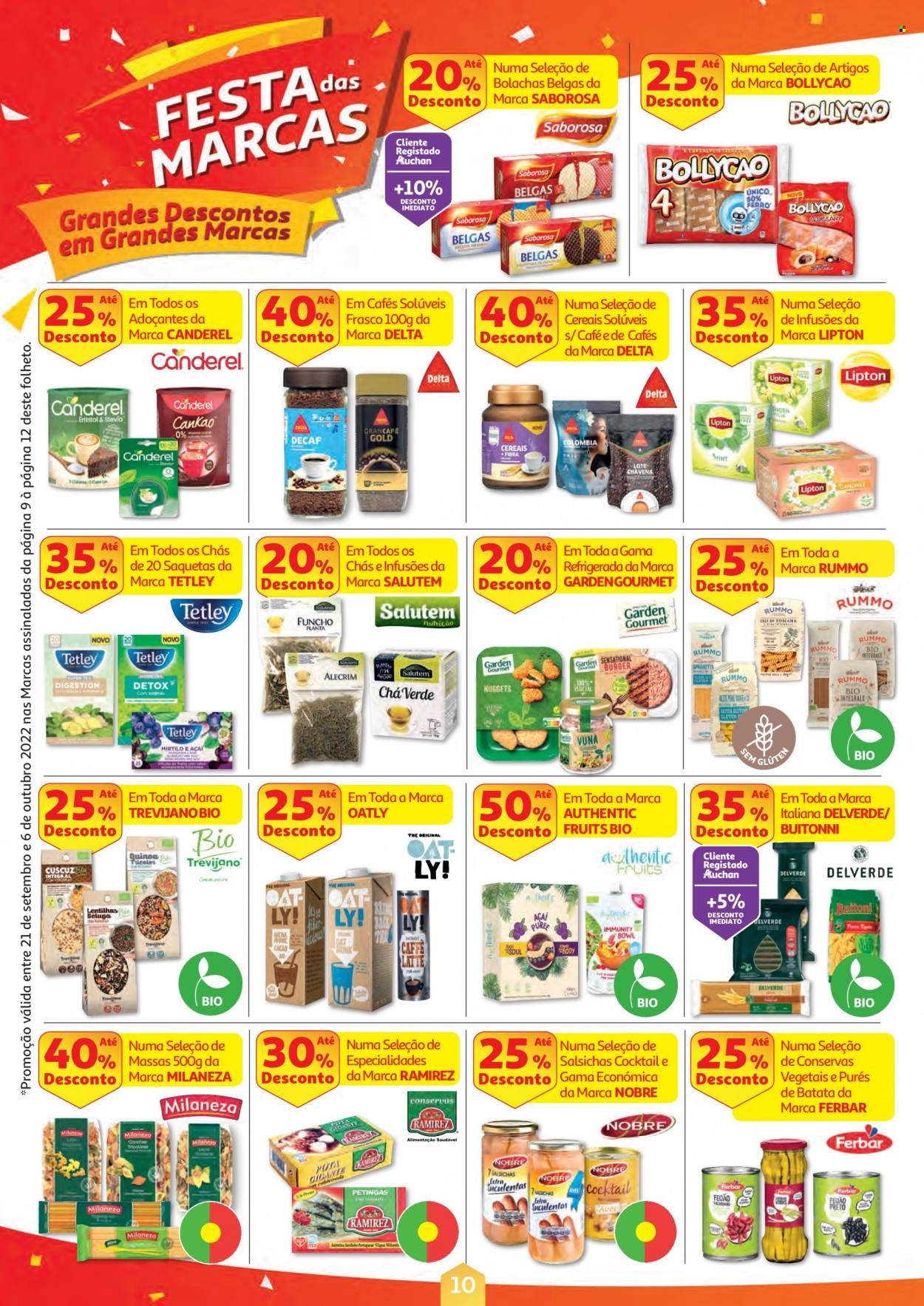 thumbnail - Folheto Auchan - 21.9.2022 - 6.10.2022 - Produtos em promoção - salsicha, bolachas, adoçante, Ferbar, cereais, Lipton, café. Página 10.